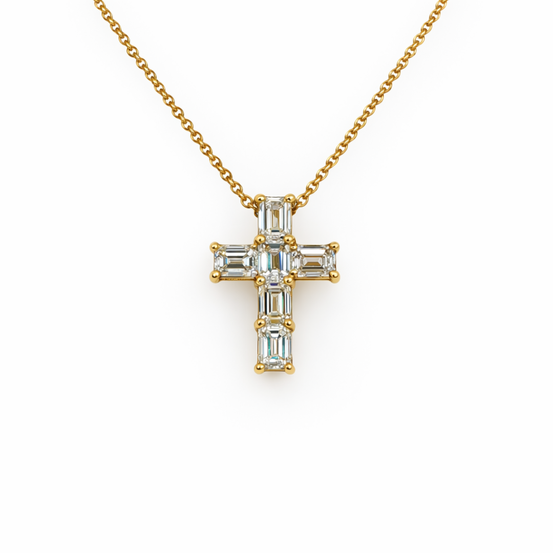 Emerald Cut Diamond Cross Pendant Necklace in 18K Gold - Jackson Hole Jewelry Company