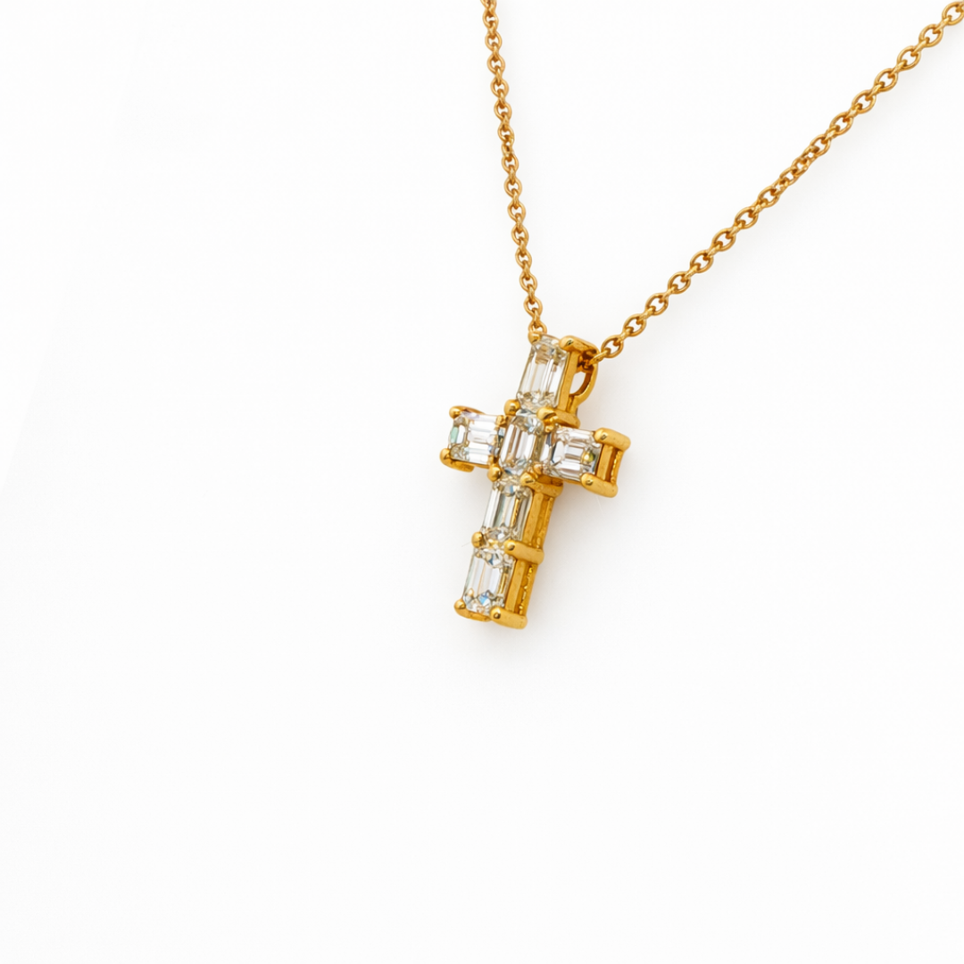 Emerald Cut Diamond Cross Pendant Necklace in 18K Gold - Jackson Hole Jewelry Company