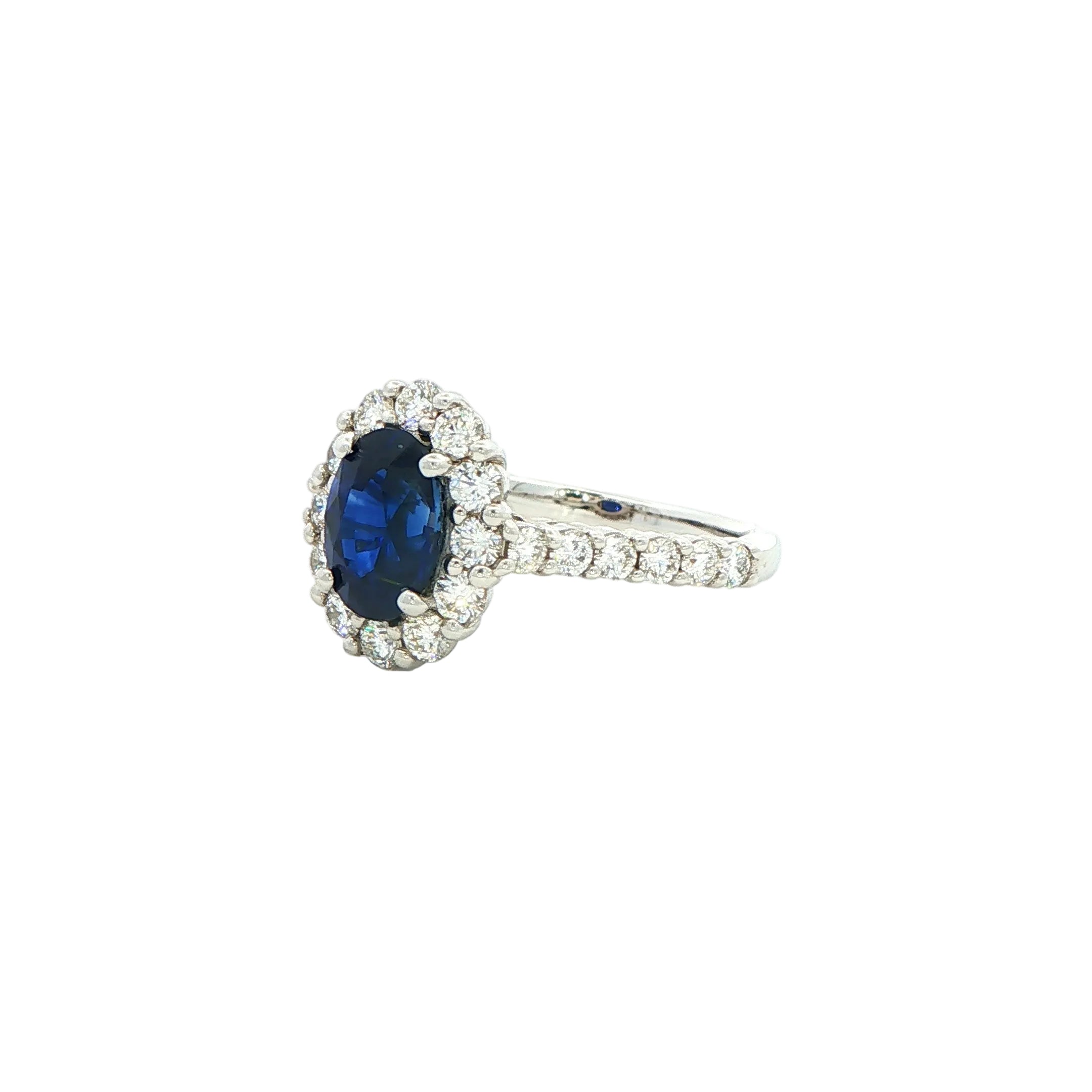 Oval Blue Sapphire & Diamond Pavé Halo Ring in 18K White Gold - Jackson Hole Jewelry Company