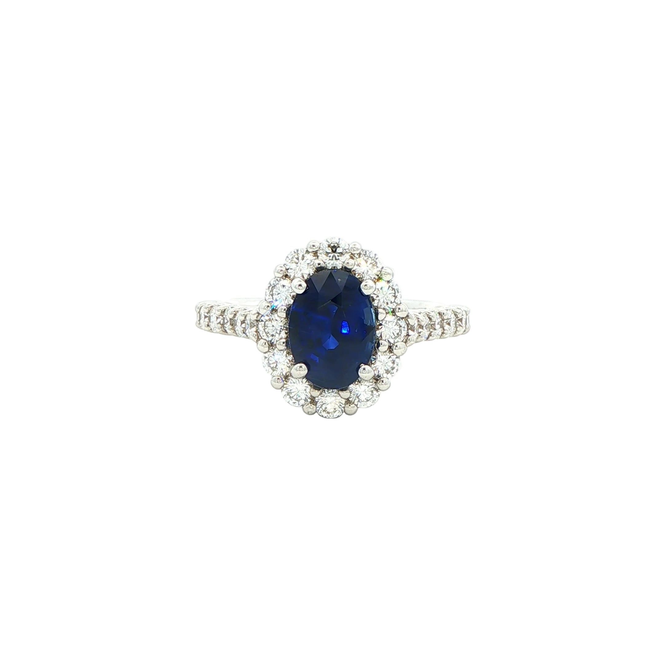 Oval Blue Sapphire & Diamond Pavé Halo Ring in 18K White Gold - Jackson Hole Jewelry Company