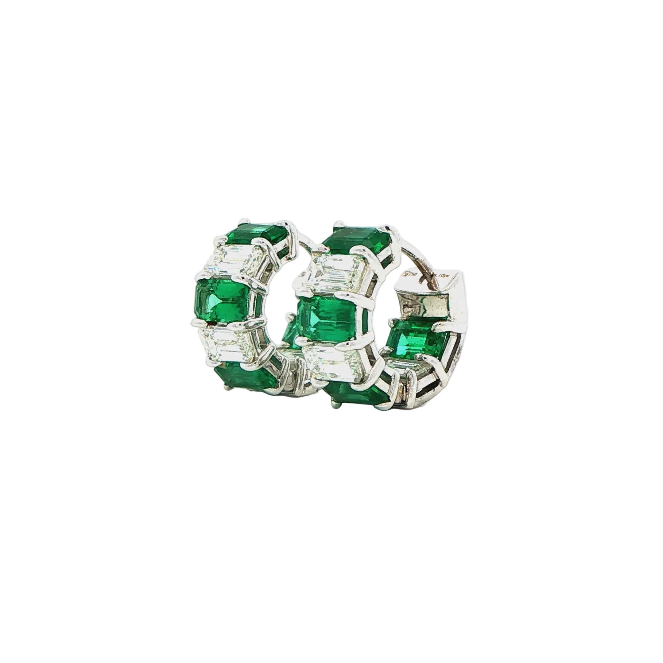 Emerald and Diamond Huggie Earrings in 18K White Gold 4.10 Cttw - Jackson Hole Jewelry Company