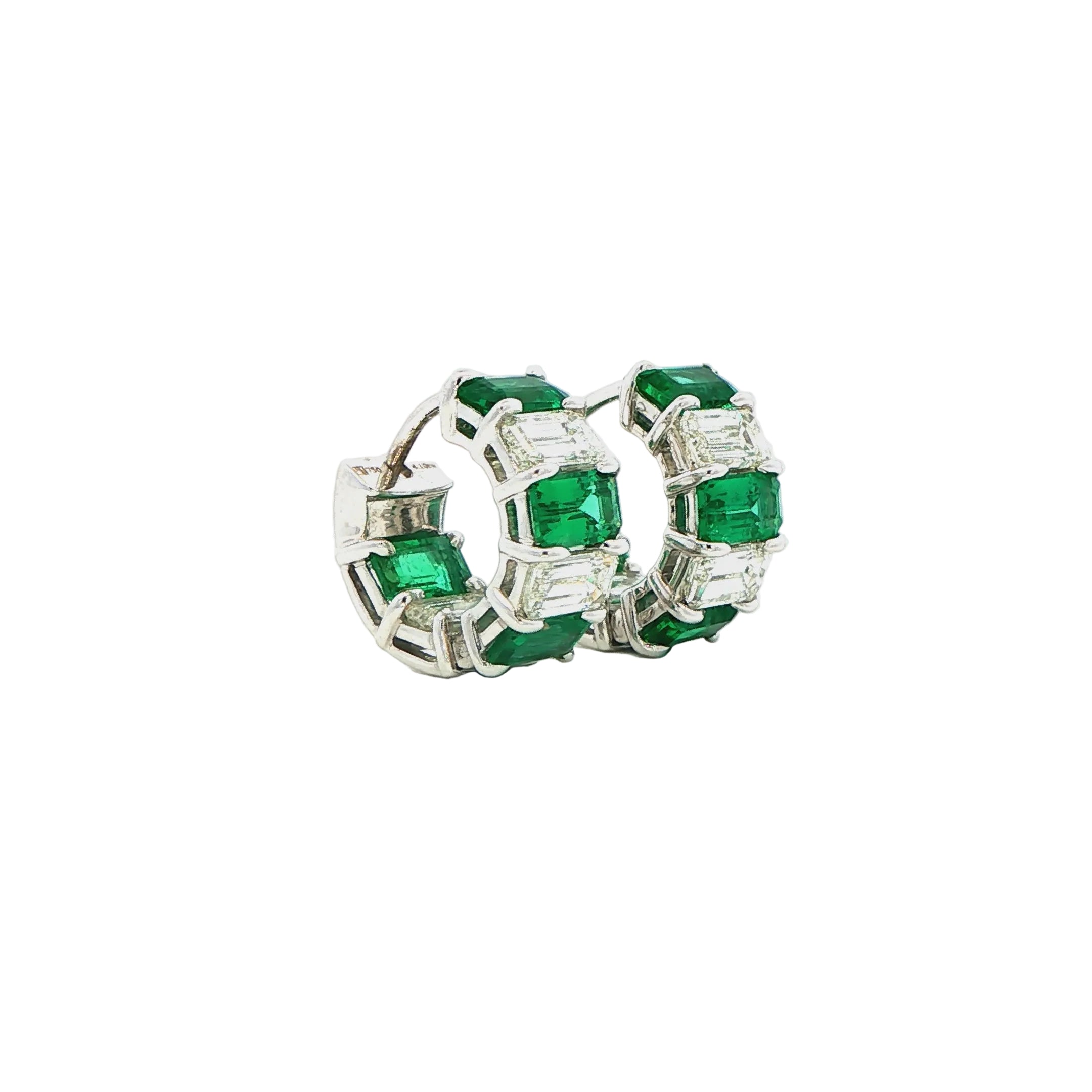 Emerald and Diamond Huggie Earrings in 18K White Gold 4.10 Cttw - Jackson Hole Jewelry Company