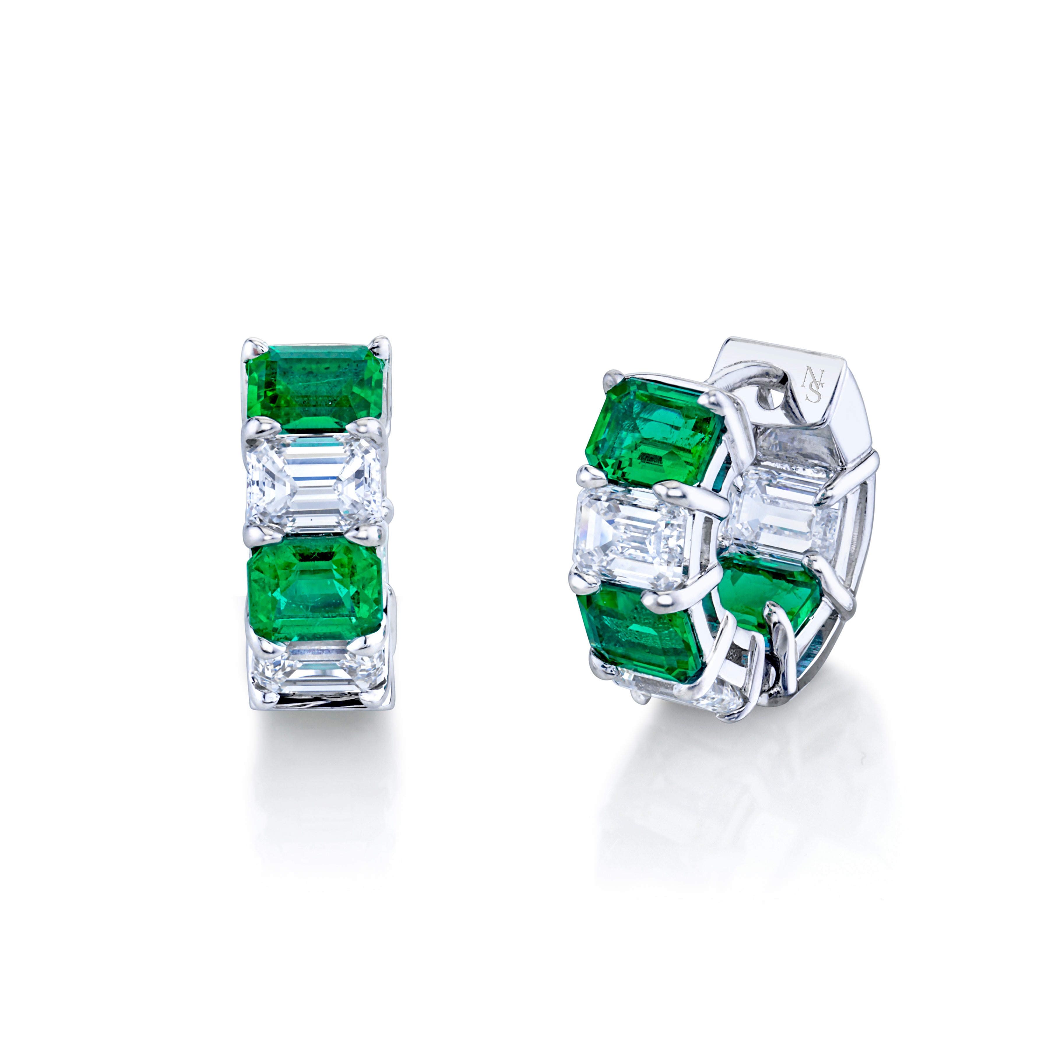 Emerald & Diamond Huggie Earrings in 18K White Gold - Jackson Hole Jewelry Company
