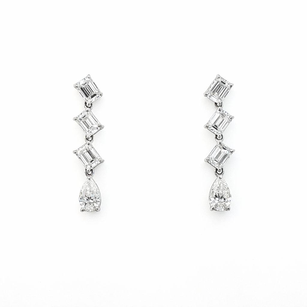Emerald Cut Diamond Dangling Earrings in 18K White Gold - Jackson Hole Jewelry Company