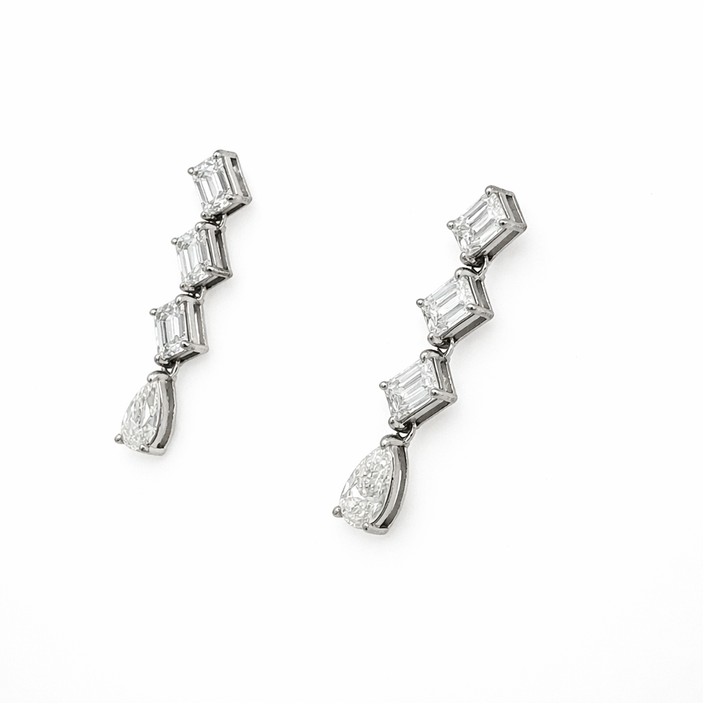 Emerald Cut Diamond Dangling Earrings in 18K White Gold - Jackson Hole Jewelry Company