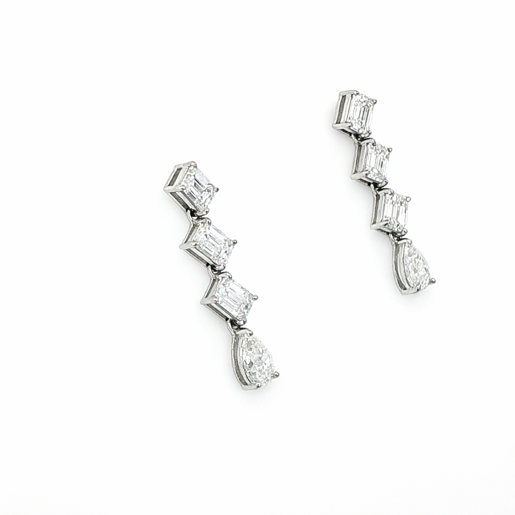 Emerald Cut Diamond Dangling Earrings in 18K White Gold - Jackson Hole Jewelry Company