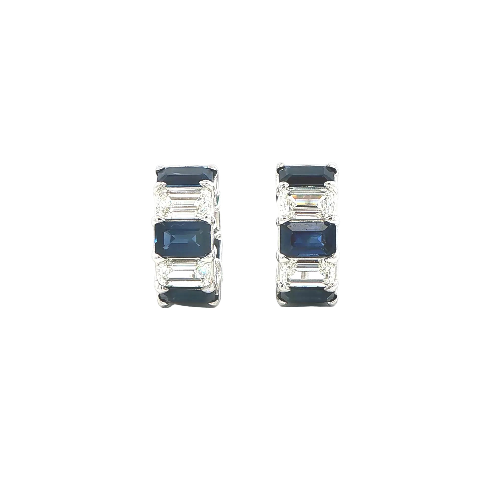 Emerald Cut Diamond and Blue Sapphire Hoop Earrings in 18K White Gold 4.98 Cttw - Jackson Hole Jewelry Company