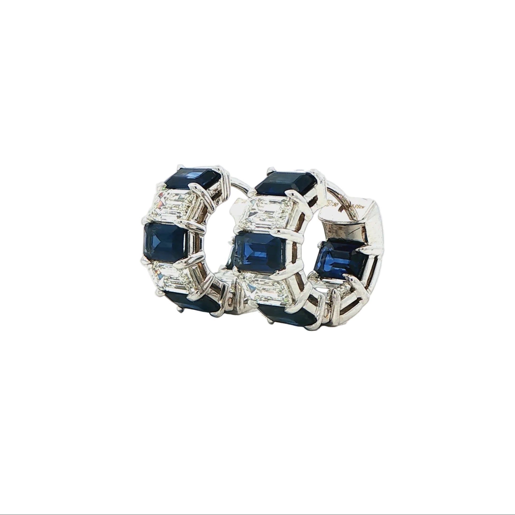 Emerald Cut Diamond and Blue Sapphire Hoop Earrings in 18K White Gold 4.98 Cttw - Jackson Hole Jewelry Company