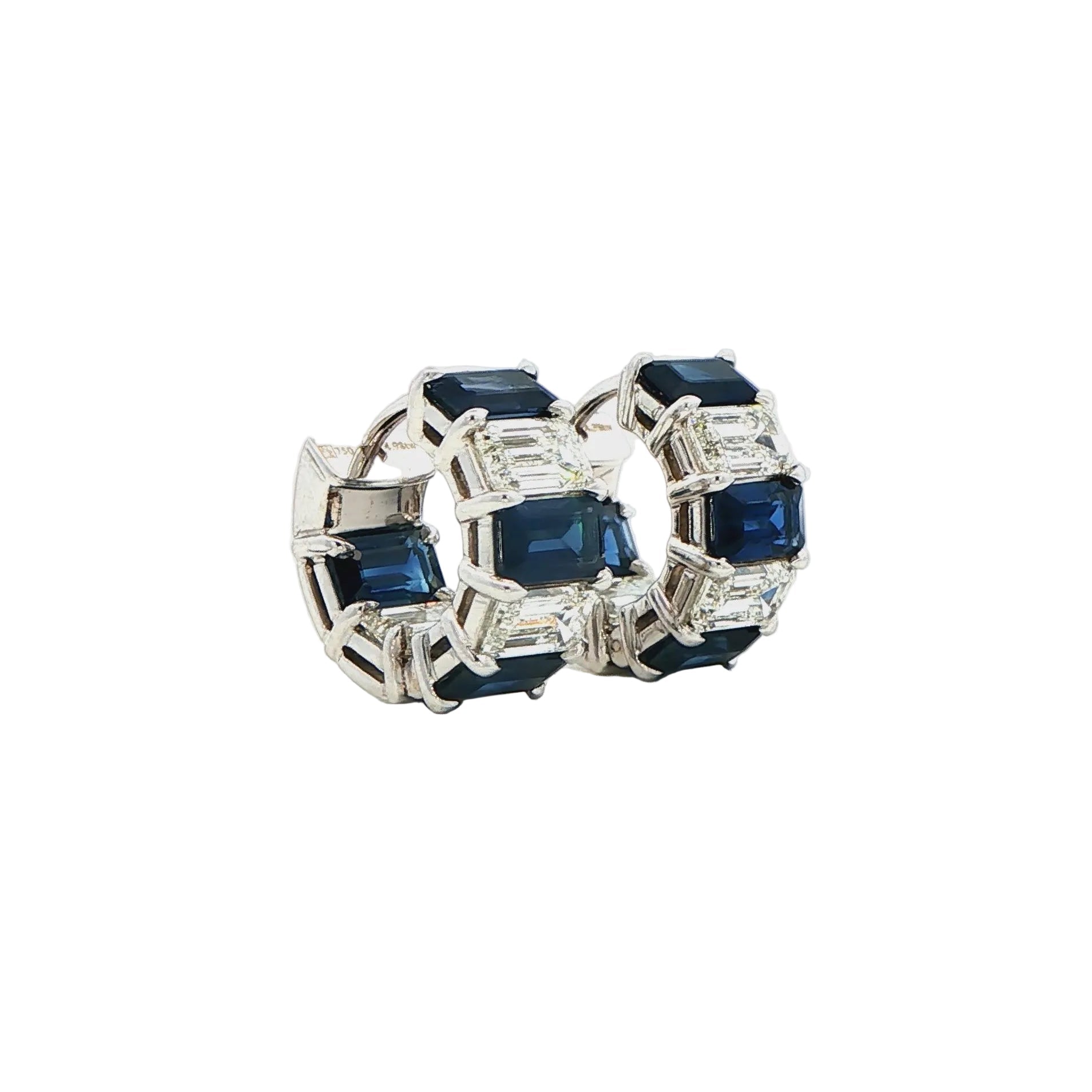 Emerald Cut Diamond and Blue Sapphire Hoop Earrings in 18K White Gold 4.98 Cttw - Jackson Hole Jewelry Company