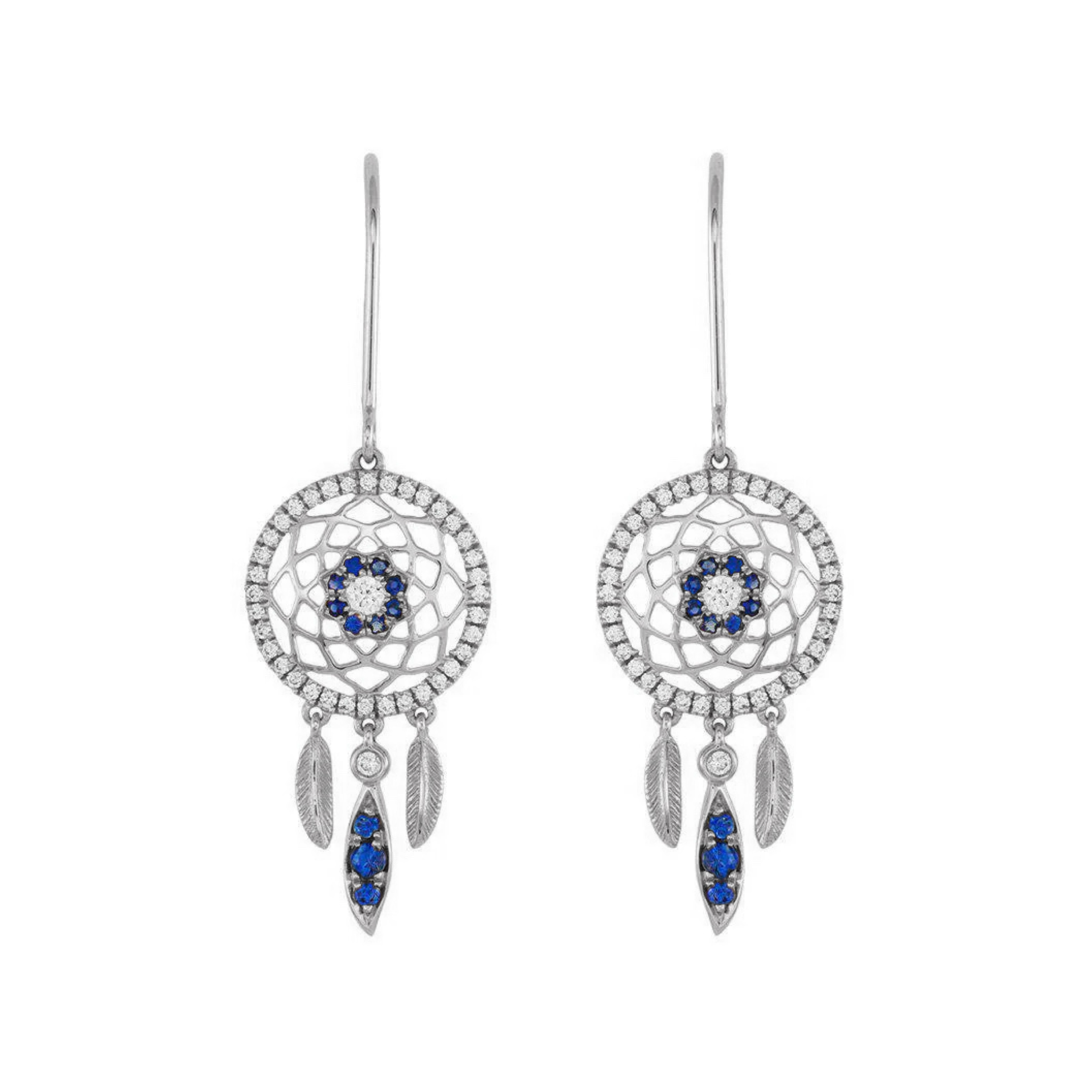 18K Gold Dreamcatcher Earrings with Diamonds and Blue Sapphires - Jackson Hole Jewelry Company