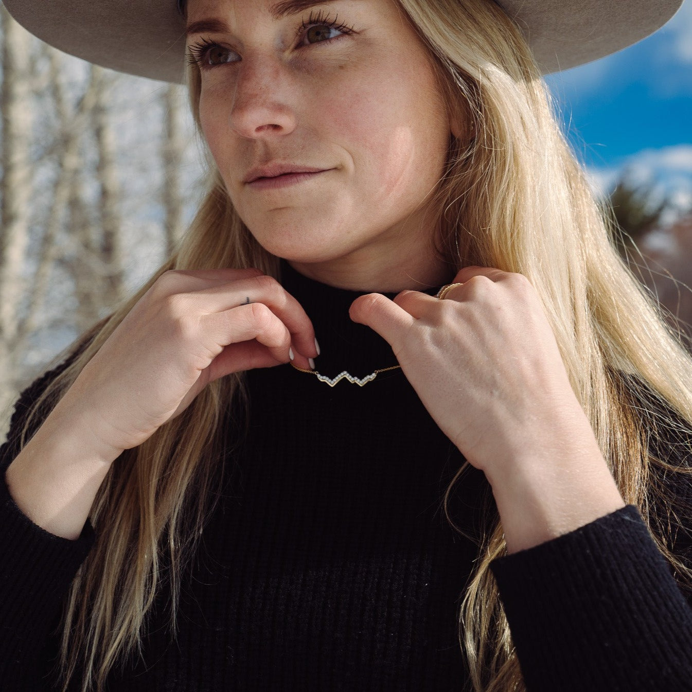 LUXE EDITION: 14K Rose Gold Teton Peak Outline Necklace With Diamonds - Jackson Hole Jewelry Company
