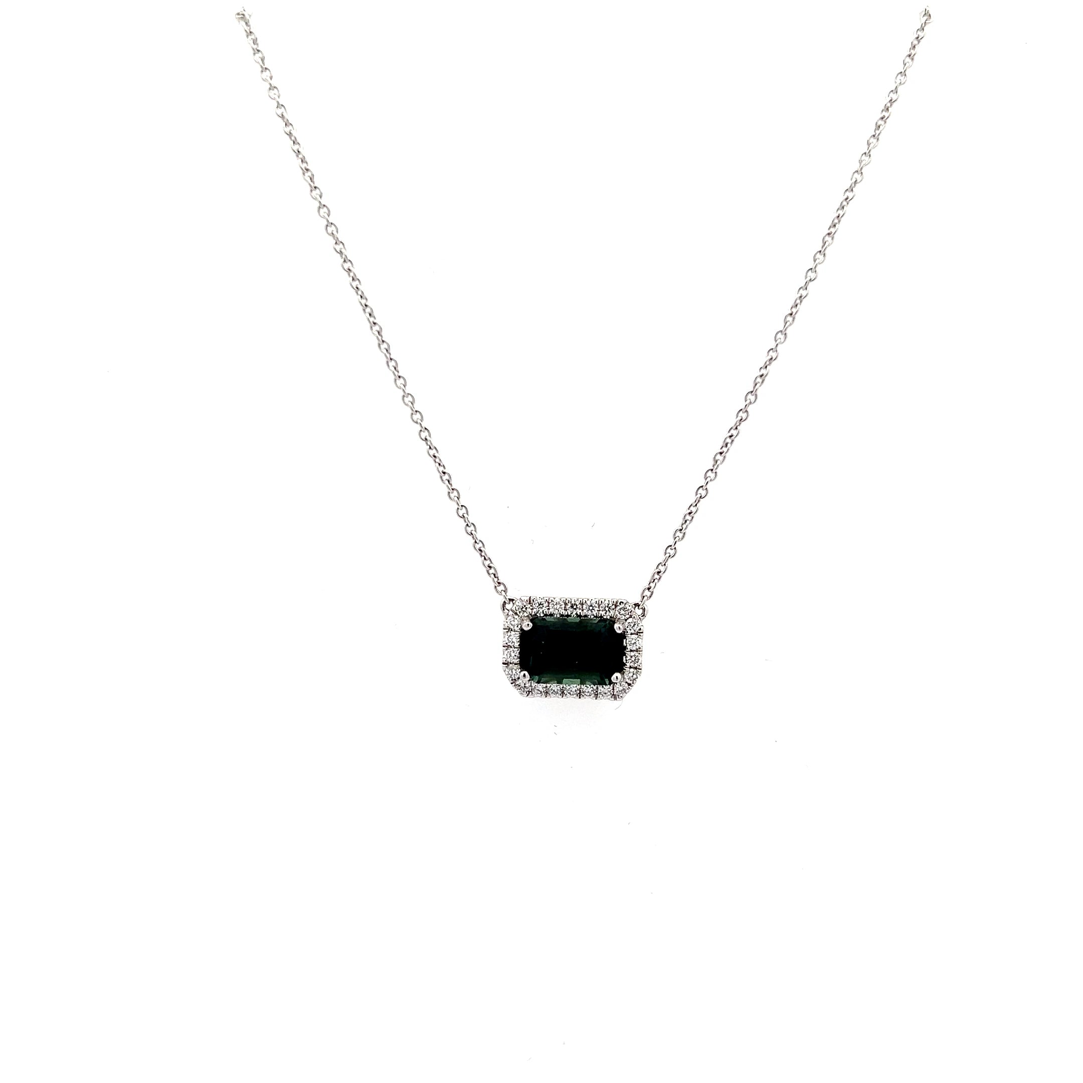 18K WHITE GOLD NATURAL GREENISH BLUE SAPPHIRE HALO NECKLACE - Jackson Hole Jewelry Company