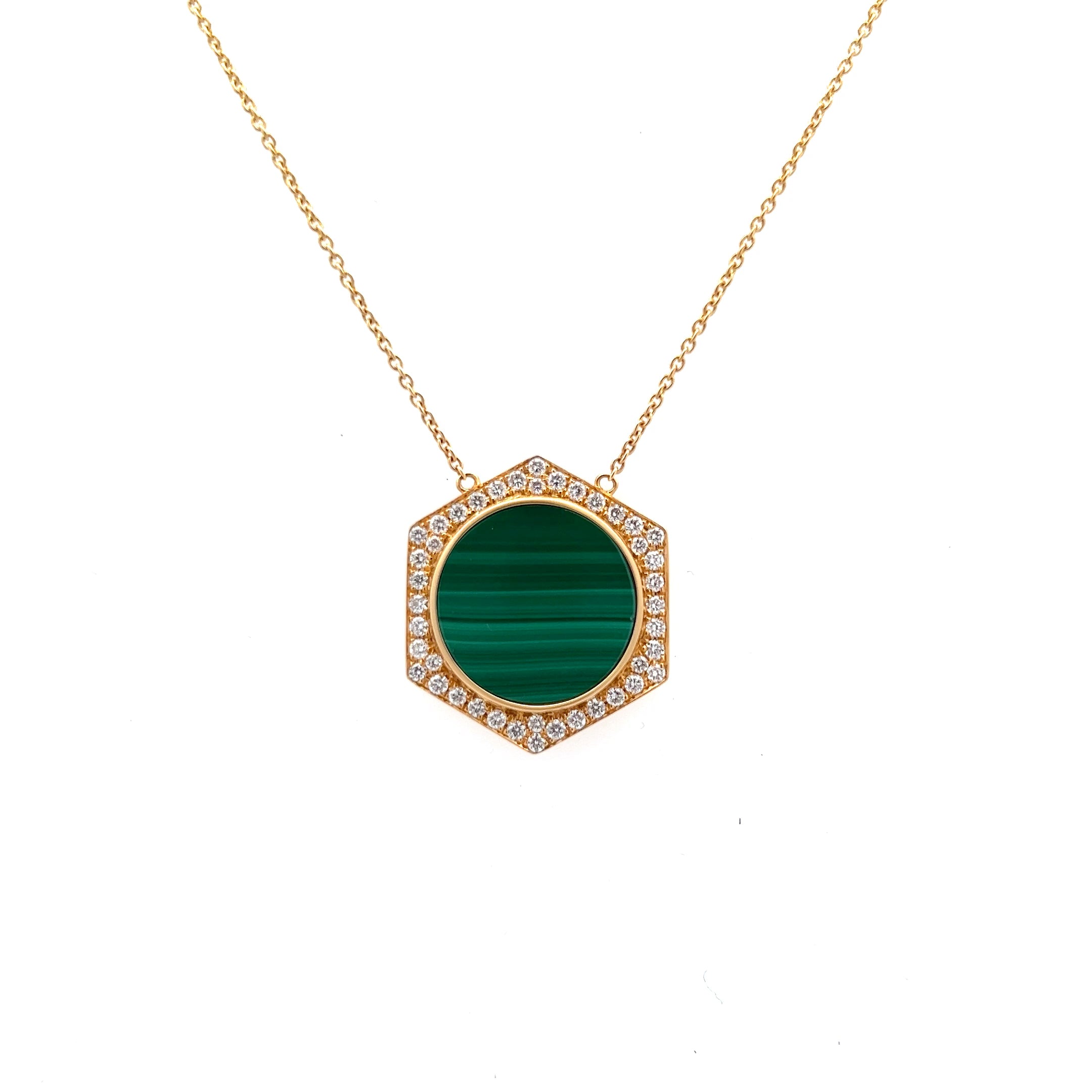 18K YELLOW GOLD HALO HEXAGONAL NECKALCE WITH FLAT CUT GREEN MALACHITE - Jackson Hole Jewelry Company