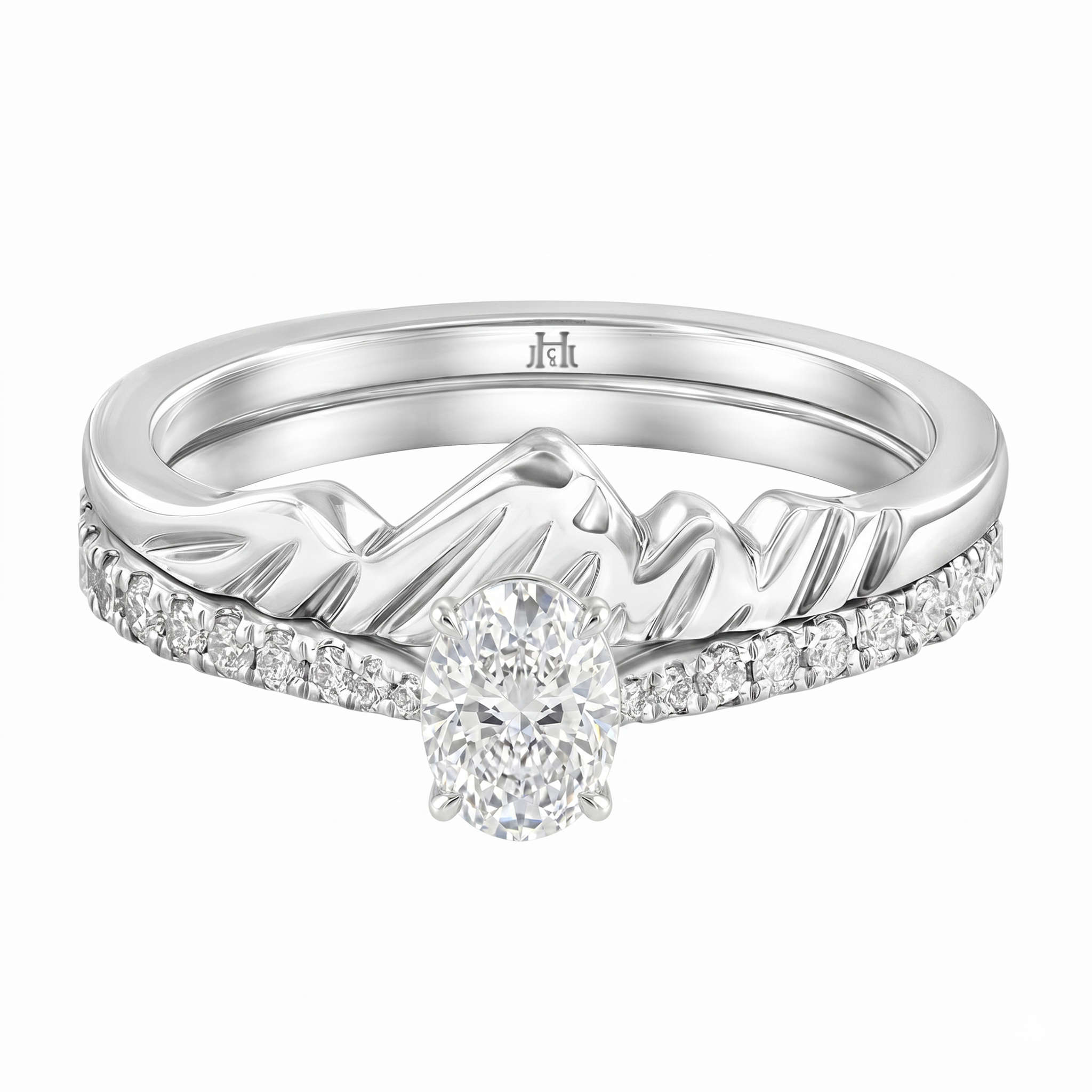 Le PeTeton Oval Cut Diamond Solitaire Engagement Dúo Stack Rings with Pavé Set in 18K Gold - Jackson Hole Jewelry Company