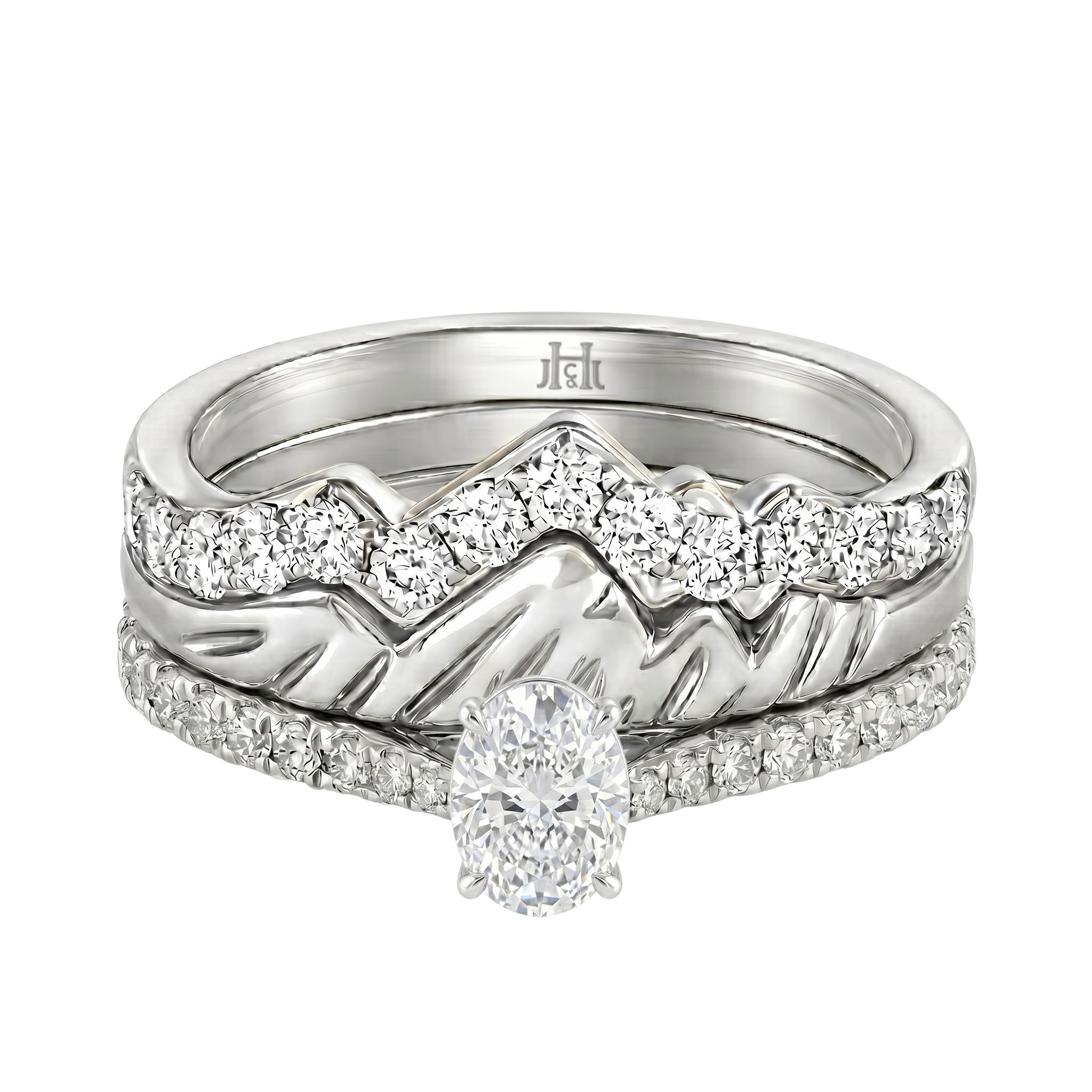 Le PeTeton Oval Cut Diamond Solitaire Engagement Trio Stack Rings with Pavé Set in 18K Gold - Jackson Hole Jewelry Company