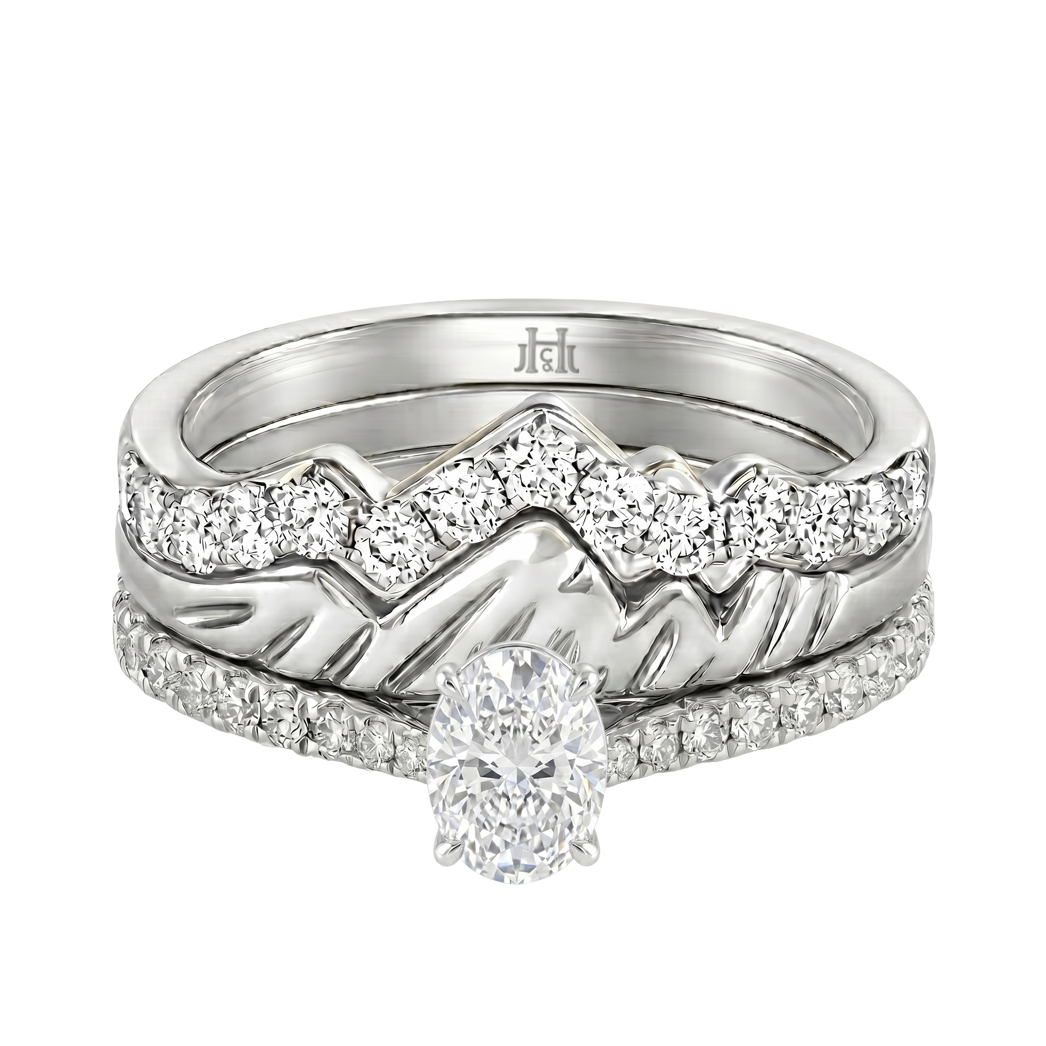 Le PeTeton Oval Cut Diamond Solitaire Engagement Trio Stack Rings with Pavé Set in 18K Gold - Jackson Hole Jewelry Company
