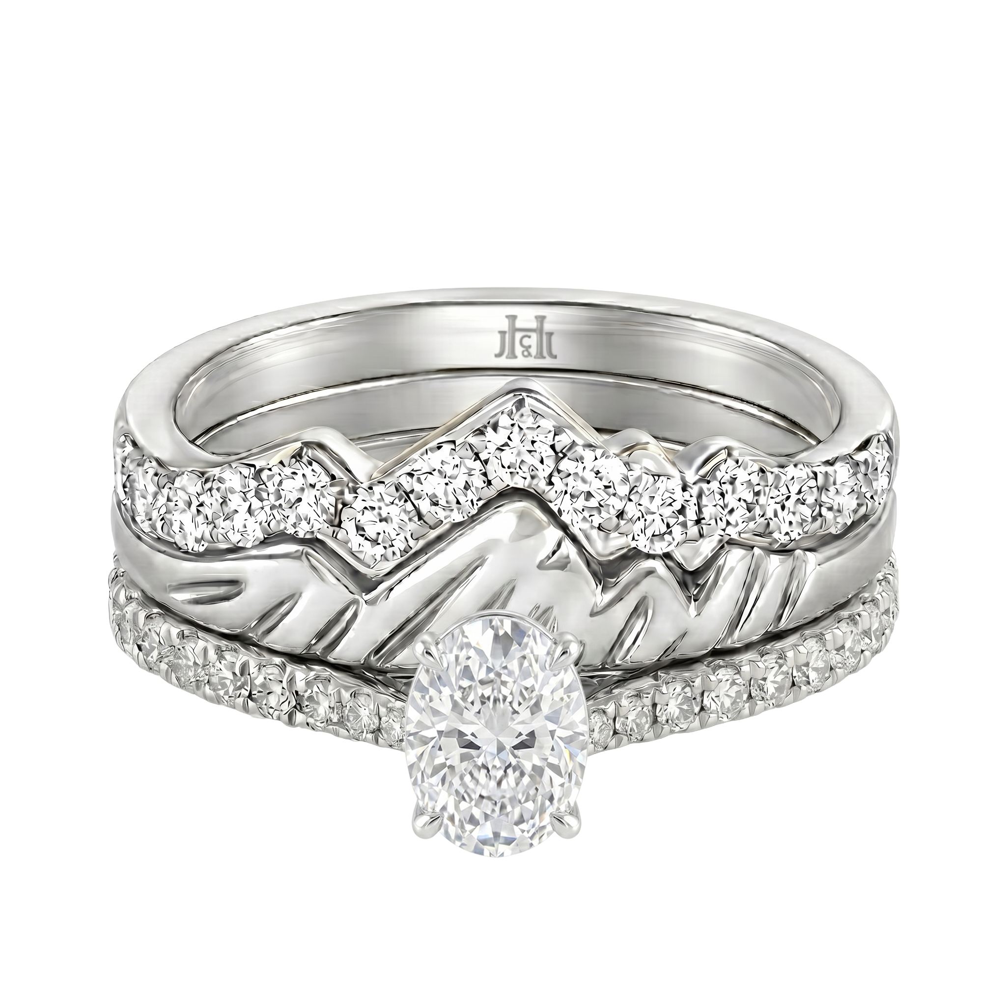Le PeTeton Oval Cut Diamond Solitaire Engagement Trio Stack Rings with Pavé Set in 18K Gold - Jackson Hole Jewelry Company