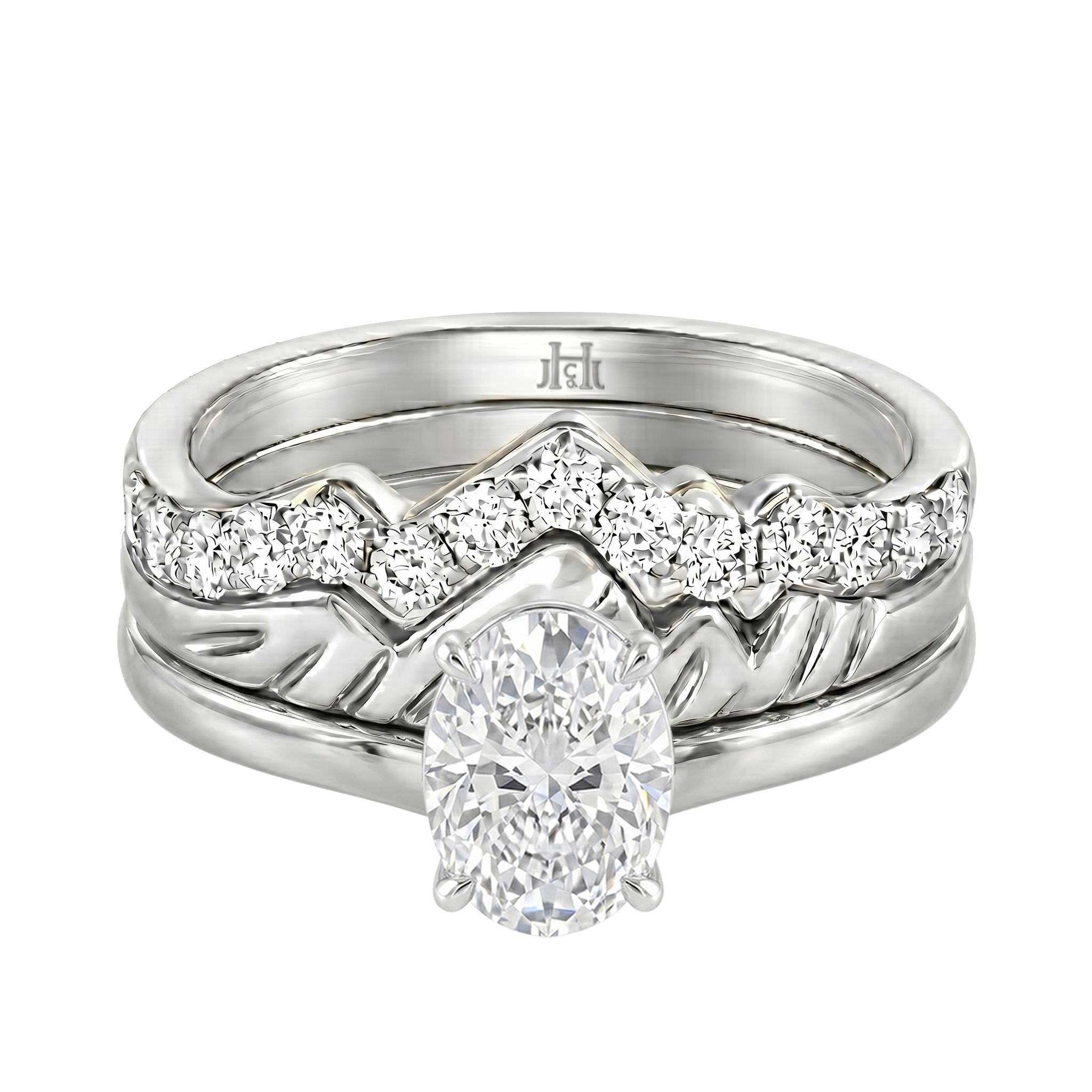 Le Grande Teton Oval Cut Diamond Solitaire Engagement Trio Stack Rings in 18K Gold - Jackson Hole Jewelry Company