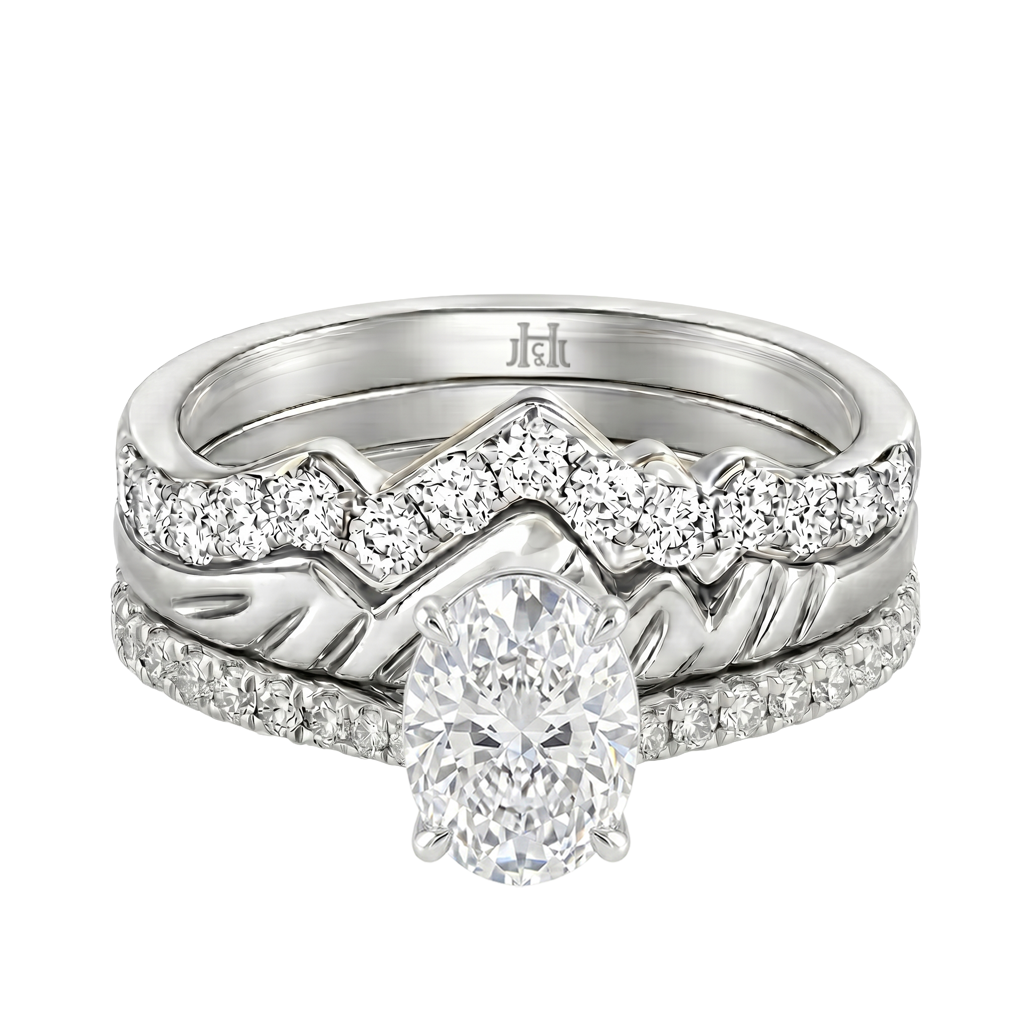 Le Grande Teton Oval Cut Diamond Solitaire Engagement Trio Stack Rings with Pavé Set in 18K Gold - Jackson Hole Jewelry Company