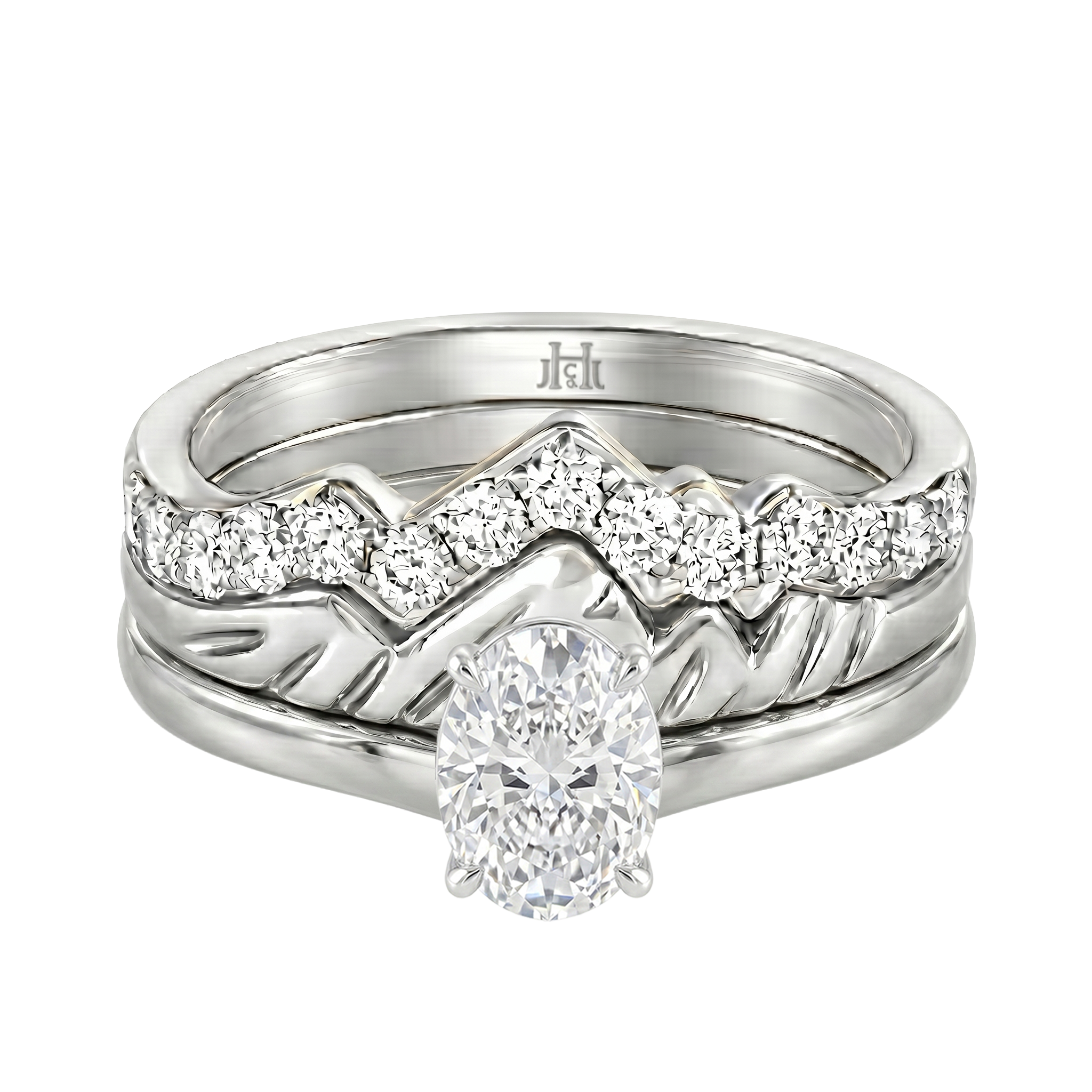 Le Grande Teton Oval Cut Diamond Solitaire Engagement Trio Stack Rings in 18K Gold - Jackson Hole Jewelry Company