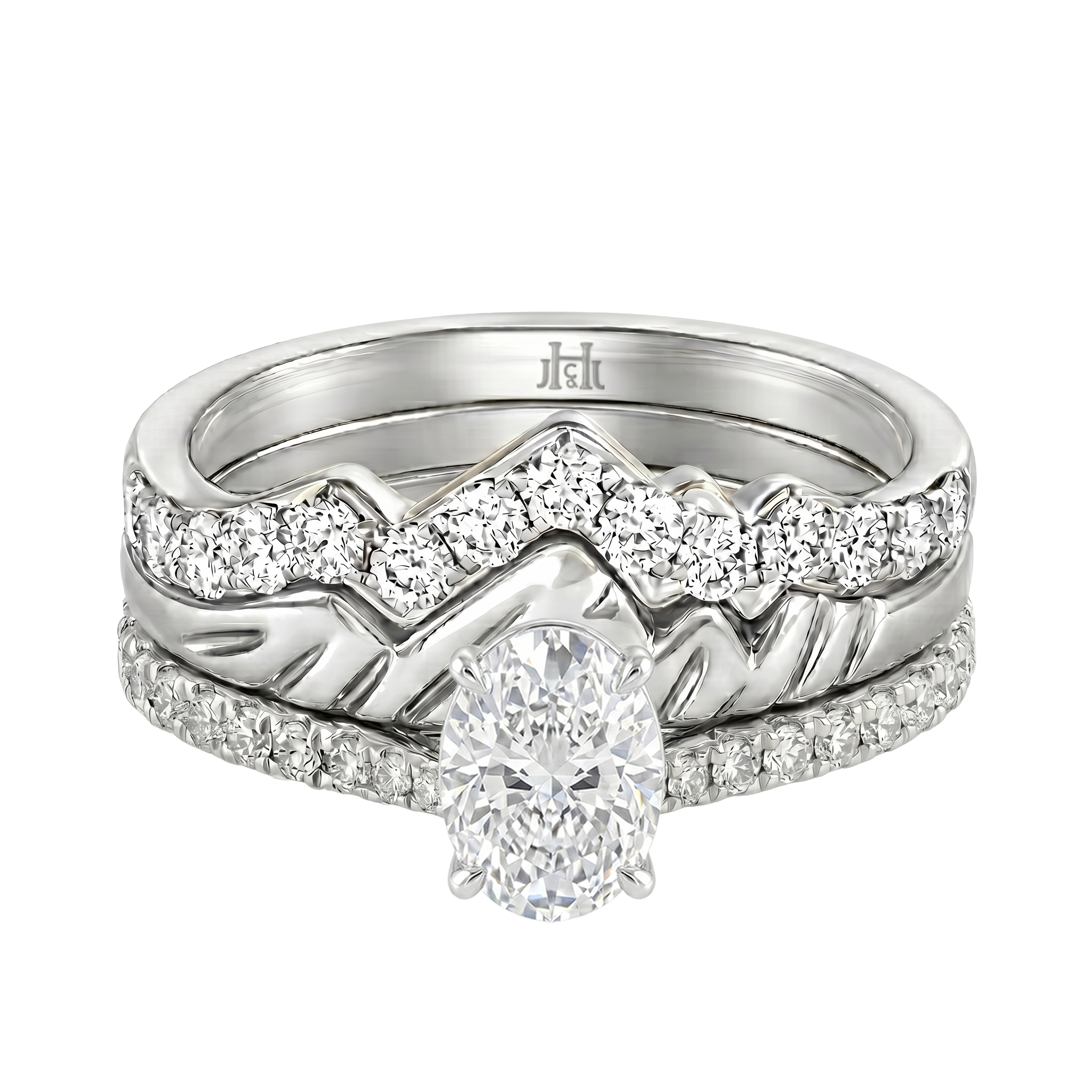 Le Grande Teton Oval Cut Diamond Solitaire Engagement Trio Stack Rings with Pavé Set in 18K Gold - Jackson Hole Jewelry Company