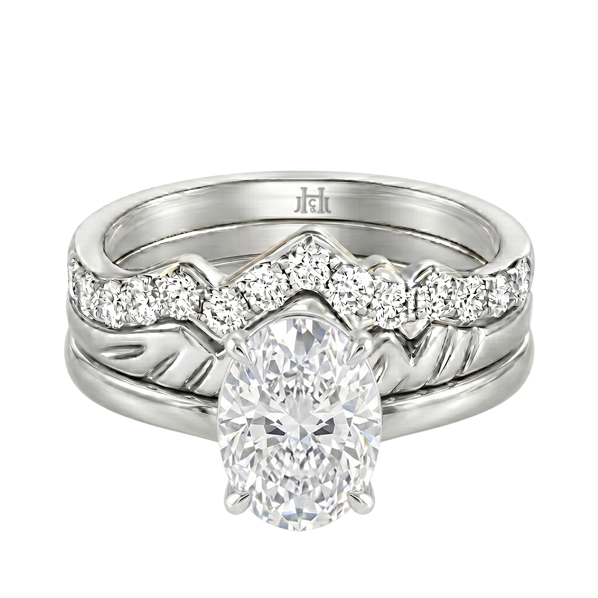 Le Grande Teton Oval Cut Diamond Solitaire Engagement Trio Stack Rings in 18K Gold - Jackson Hole Jewelry Company