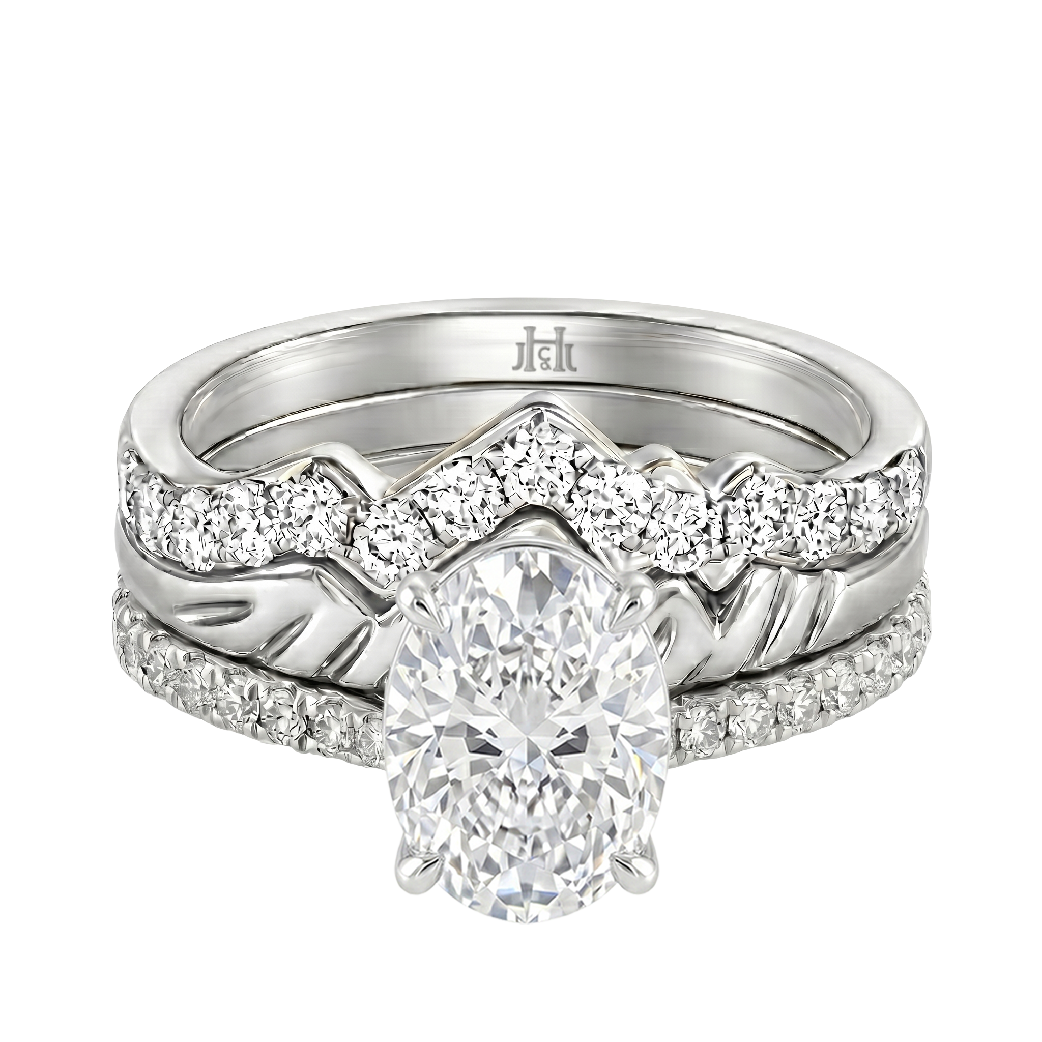 Le Grande Teton Oval Cut Diamond Solitaire Engagement Trio Stack Rings with Pavé Set in 18K Gold - Jackson Hole Jewelry Company