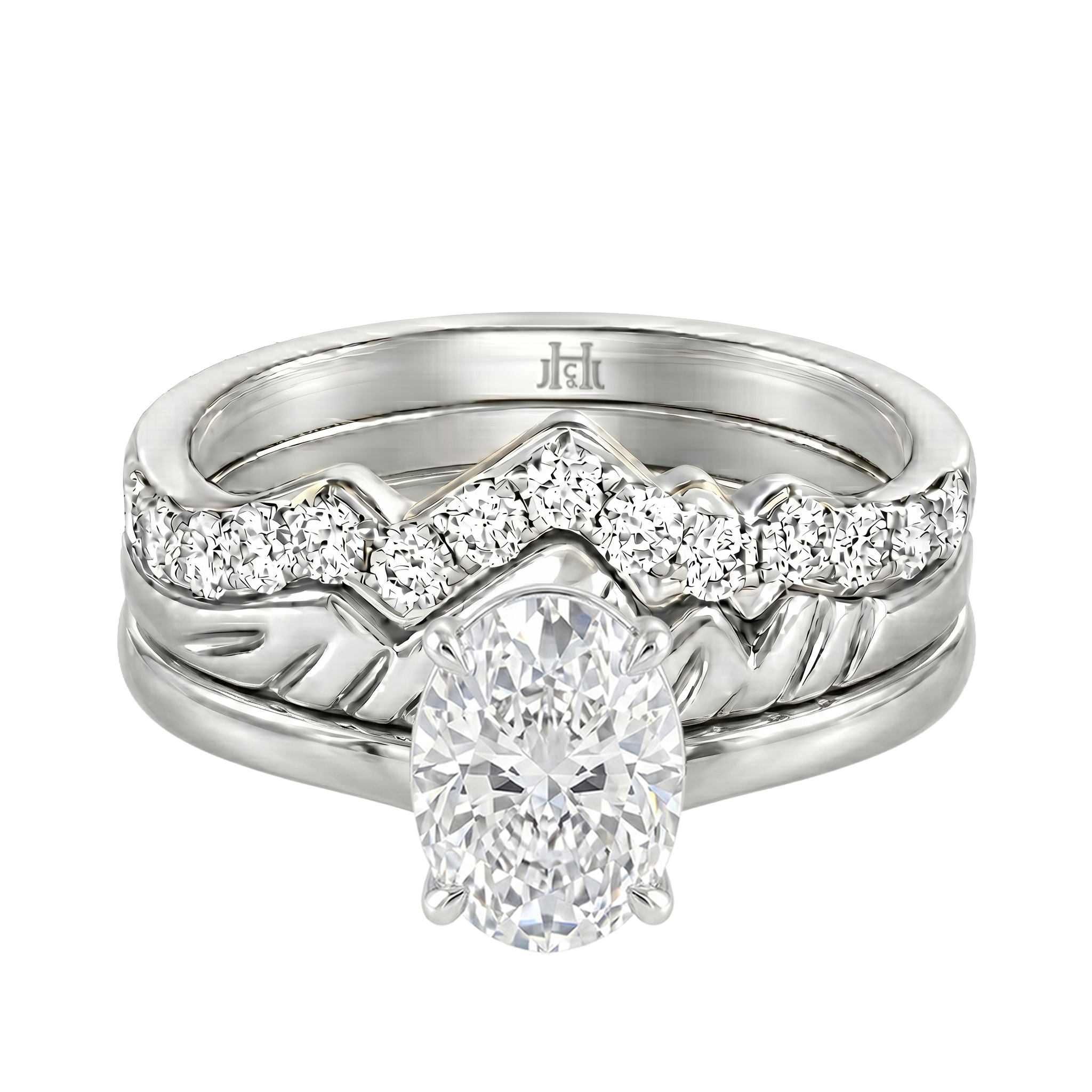Le Grande Teton Oval Cut Diamond Solitaire Engagement Trio Stack Rings in 18K Gold - Jackson Hole Jewelry Company