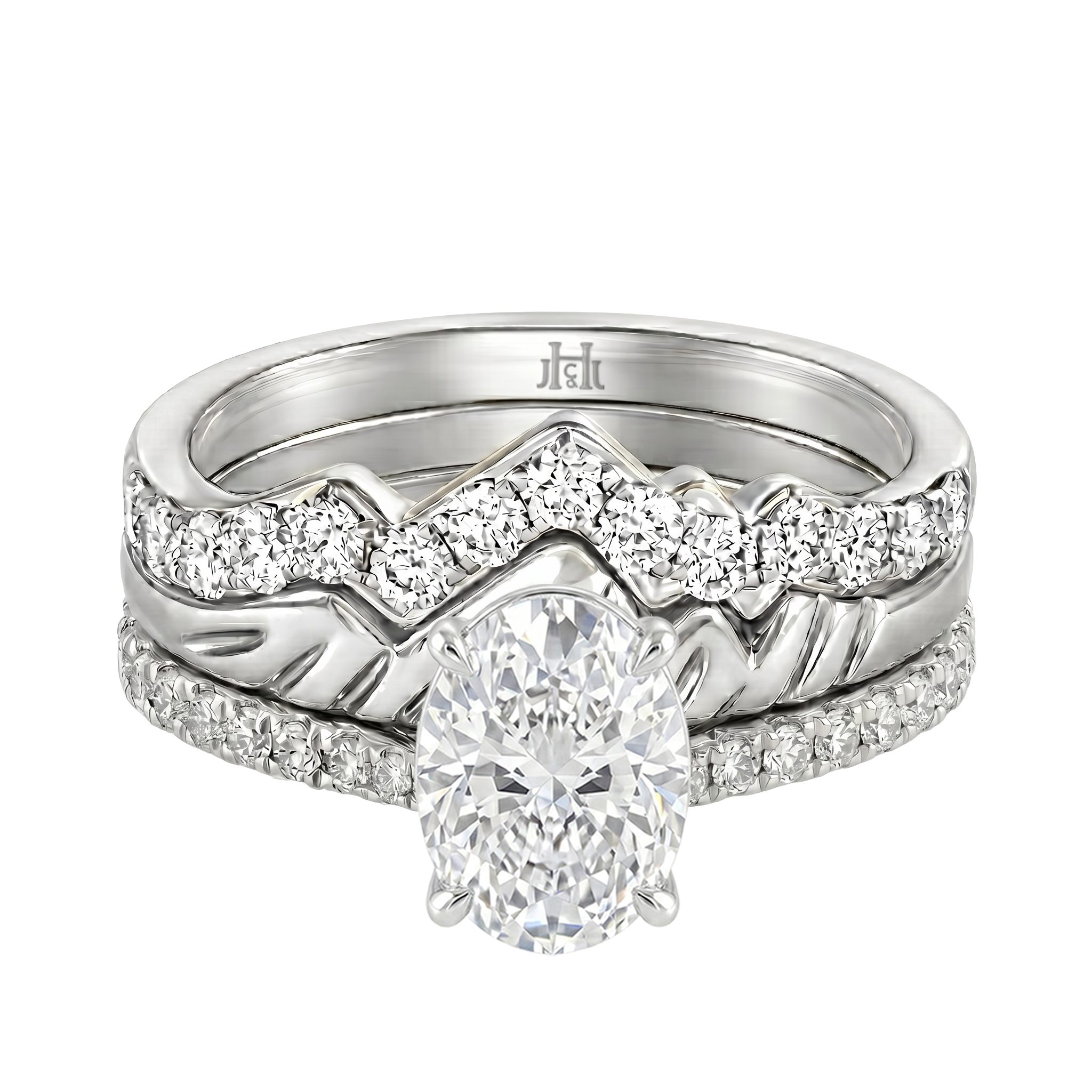 Le Grande Teton Oval Cut Diamond Solitaire Engagement Trio Stack Rings with Pavé Set in 18K Gold - Jackson Hole Jewelry Company