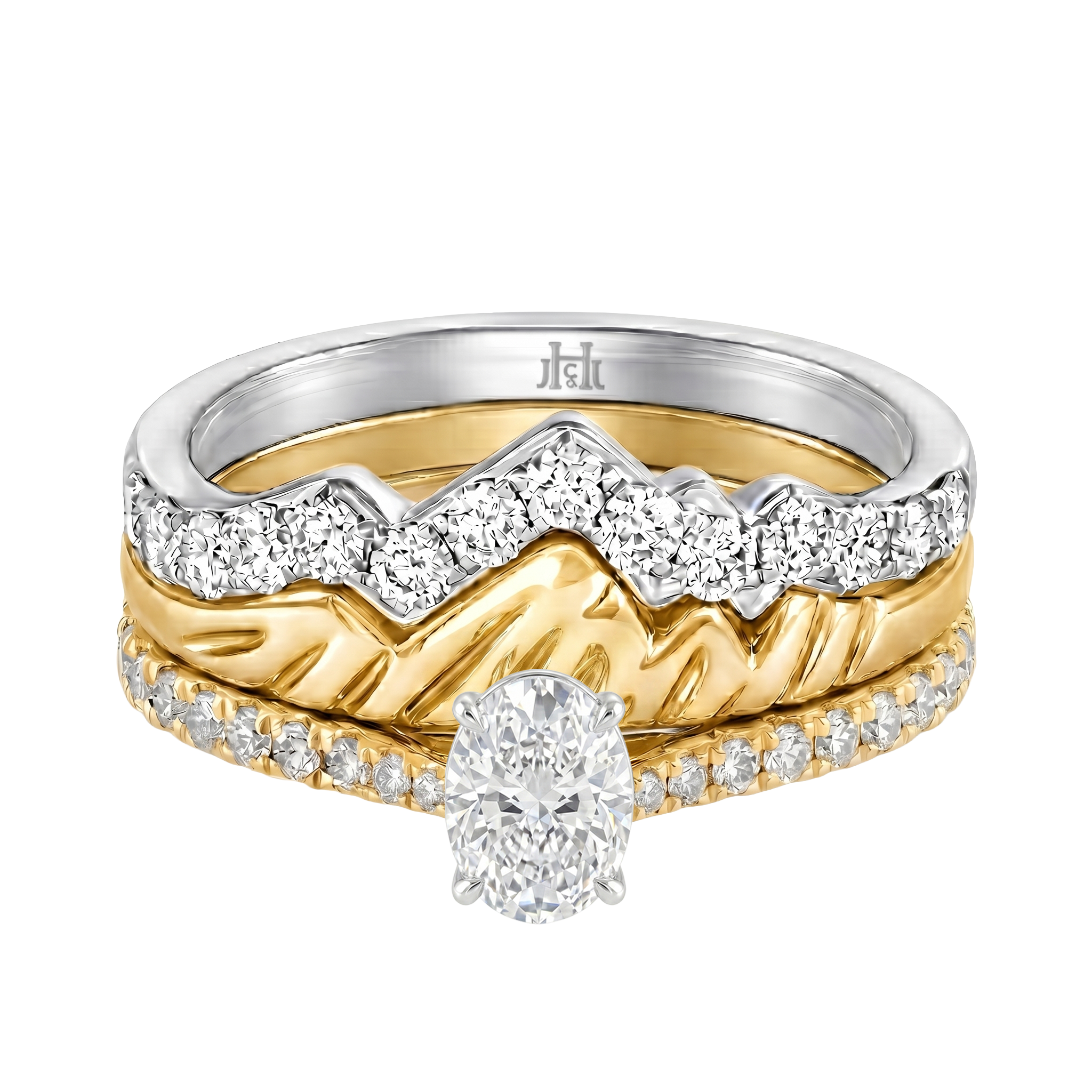 Le PeTeton Oval Cut Diamond Solitaire Engagement Trio Stack Rings with Pavé Set in 18K Gold - Jackson Hole Jewelry Company
