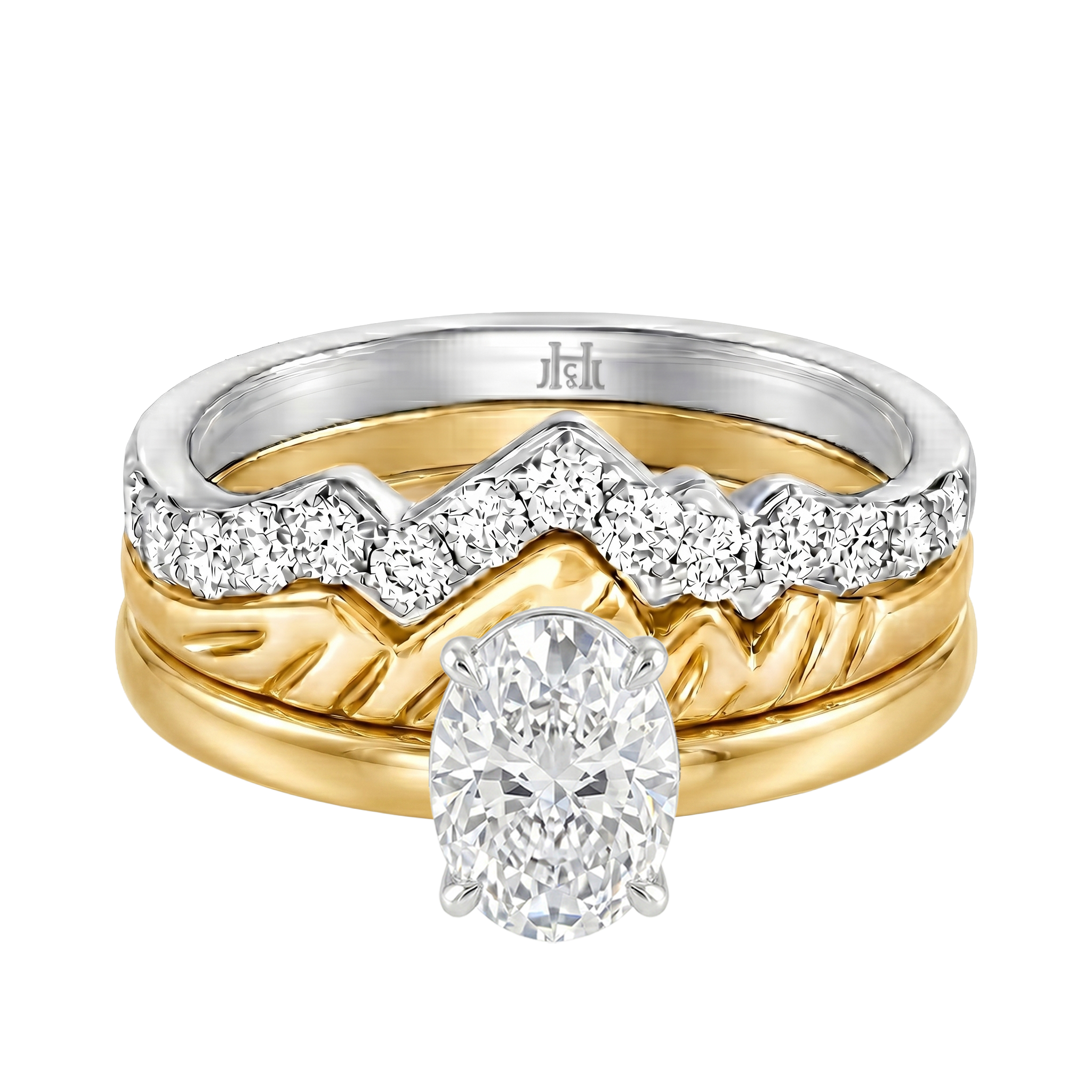 Le Grande Teton Oval Cut Diamond Solitaire Engagement Trio Stack Rings in 18K Gold - Jackson Hole Jewelry Company