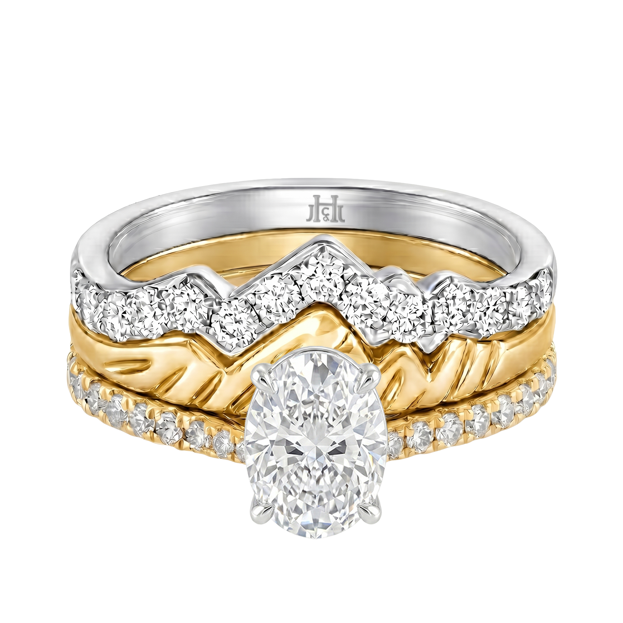 Le Grande Teton Oval Cut Diamond Solitaire Engagement Trio Stack Rings with Pavé Set in 18K Gold - Jackson Hole Jewelry Company
