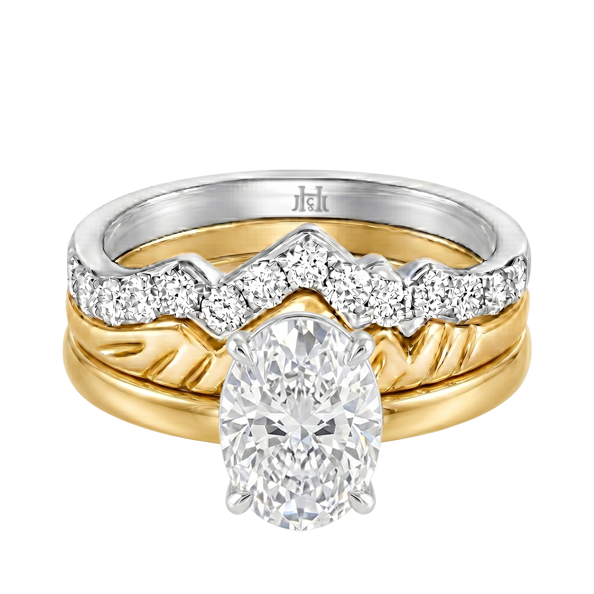 Le Grande Teton Oval Cut Diamond Solitaire Engagement Trio Stack Rings in 18K Gold - Jackson Hole Jewelry Company
