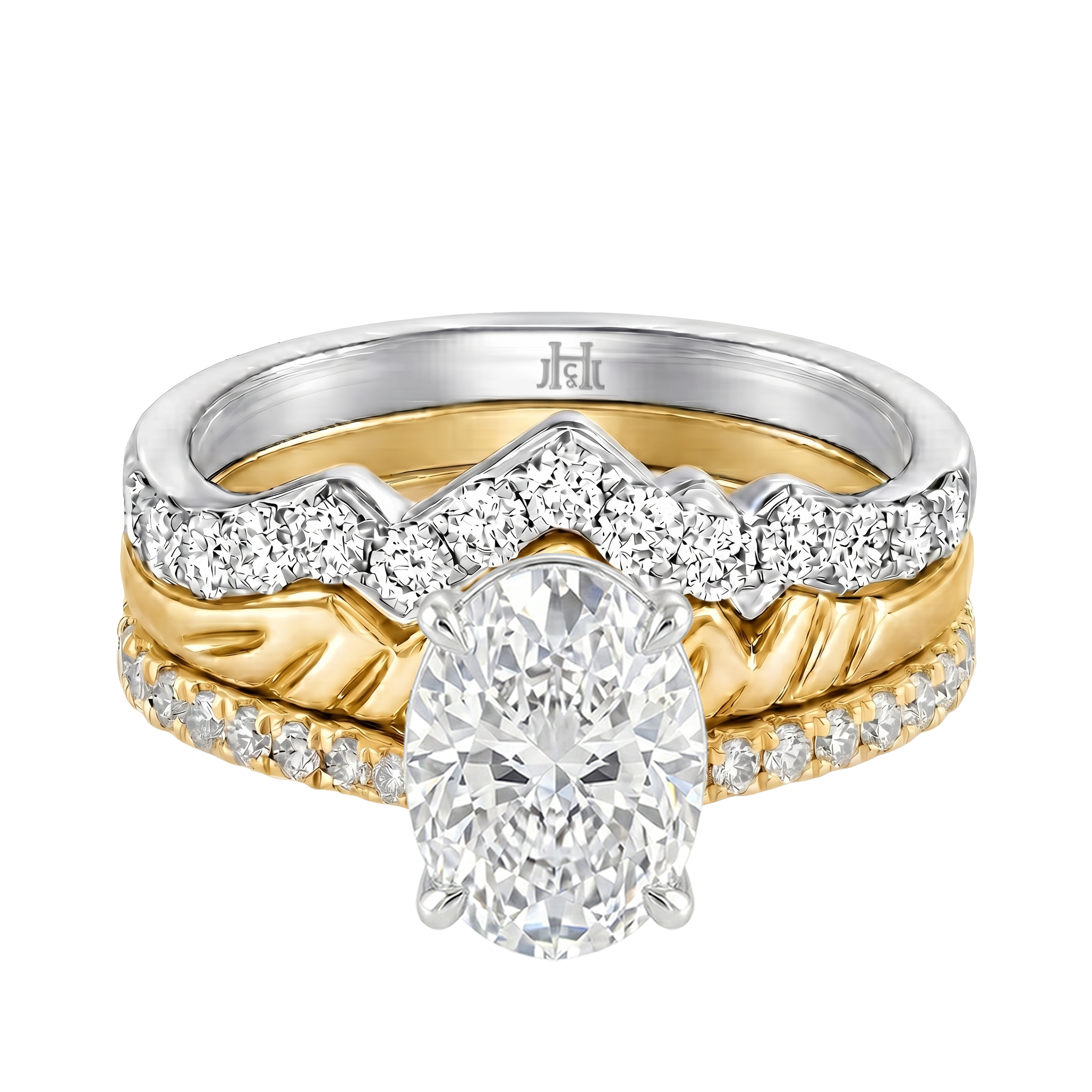 Le Grande Teton Oval Cut Diamond Solitaire Engagement Trio Stack Rings with Pavé Set in 18K Gold - Jackson Hole Jewelry Company