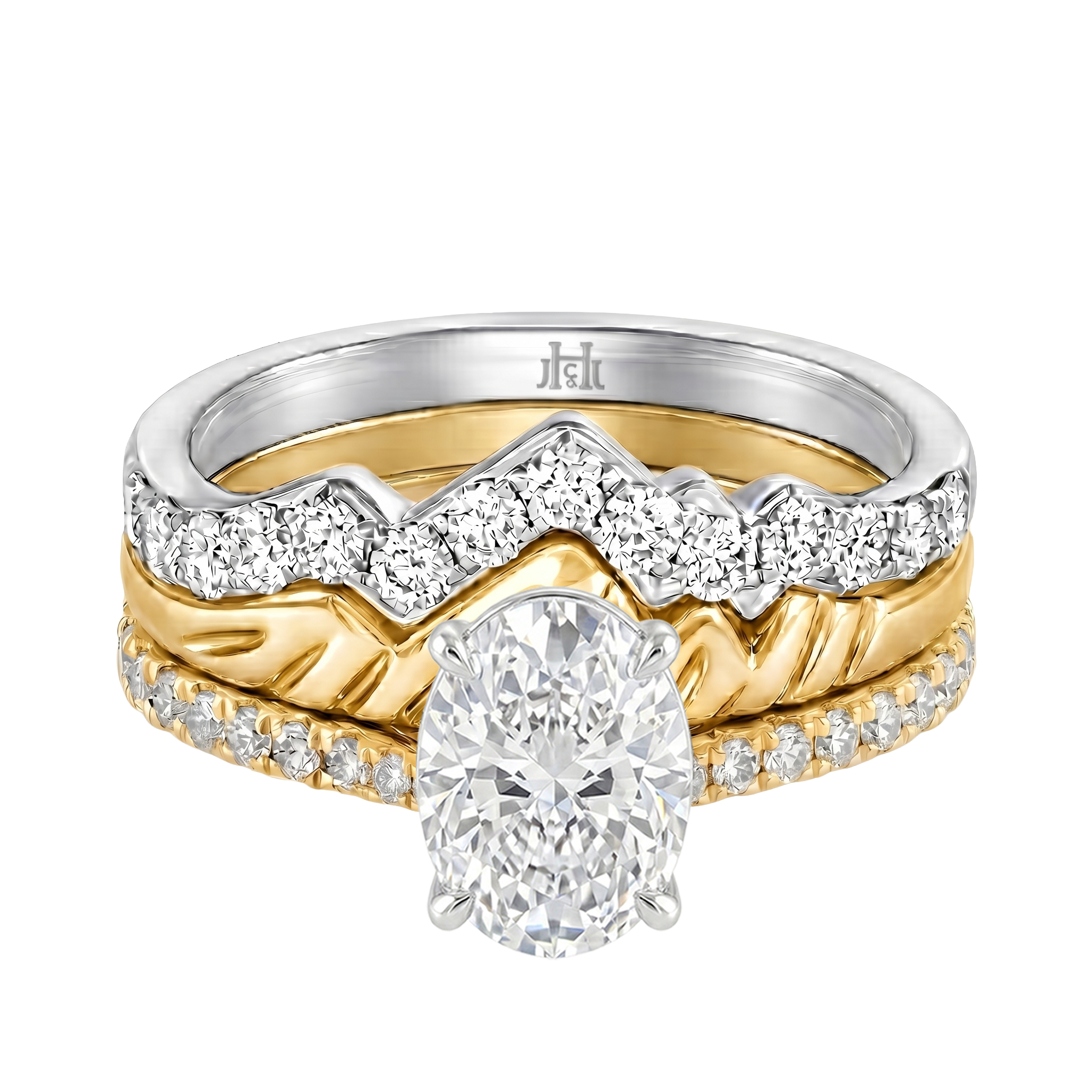 Le Grande Teton Oval Cut Diamond Solitaire Engagement Trio Stack Rings with Pavé Set in 18K Gold - Jackson Hole Jewelry Company