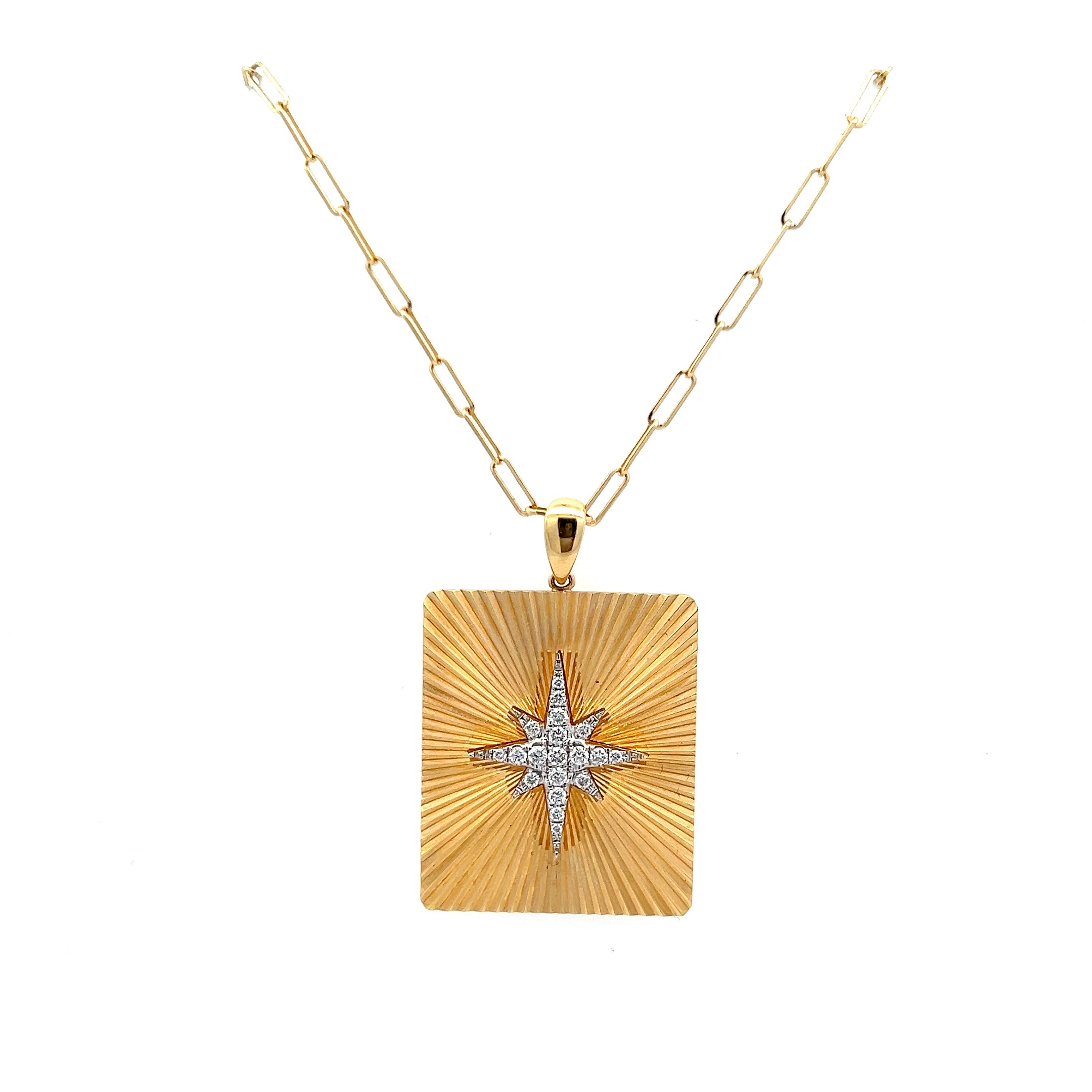 18K YELLOW GOLD RECTANGULAR STARBUST DIAMOND NECKLACE WITH PAPER CLIP CHAIN - Jackson Hole Jewelry Company