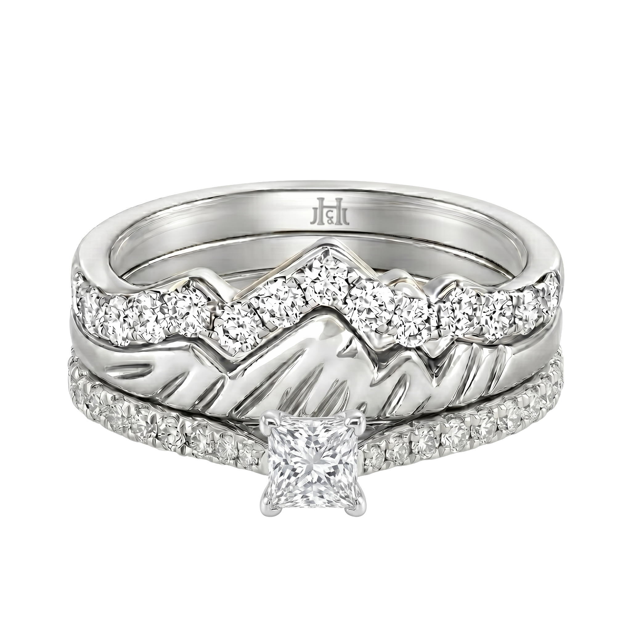 Le PeTeton Princess Cut Diamond Solitaire Engagement Trio Stack Rings with Pavé Set in 18K Gold - Jackson Hole Jewelry Company