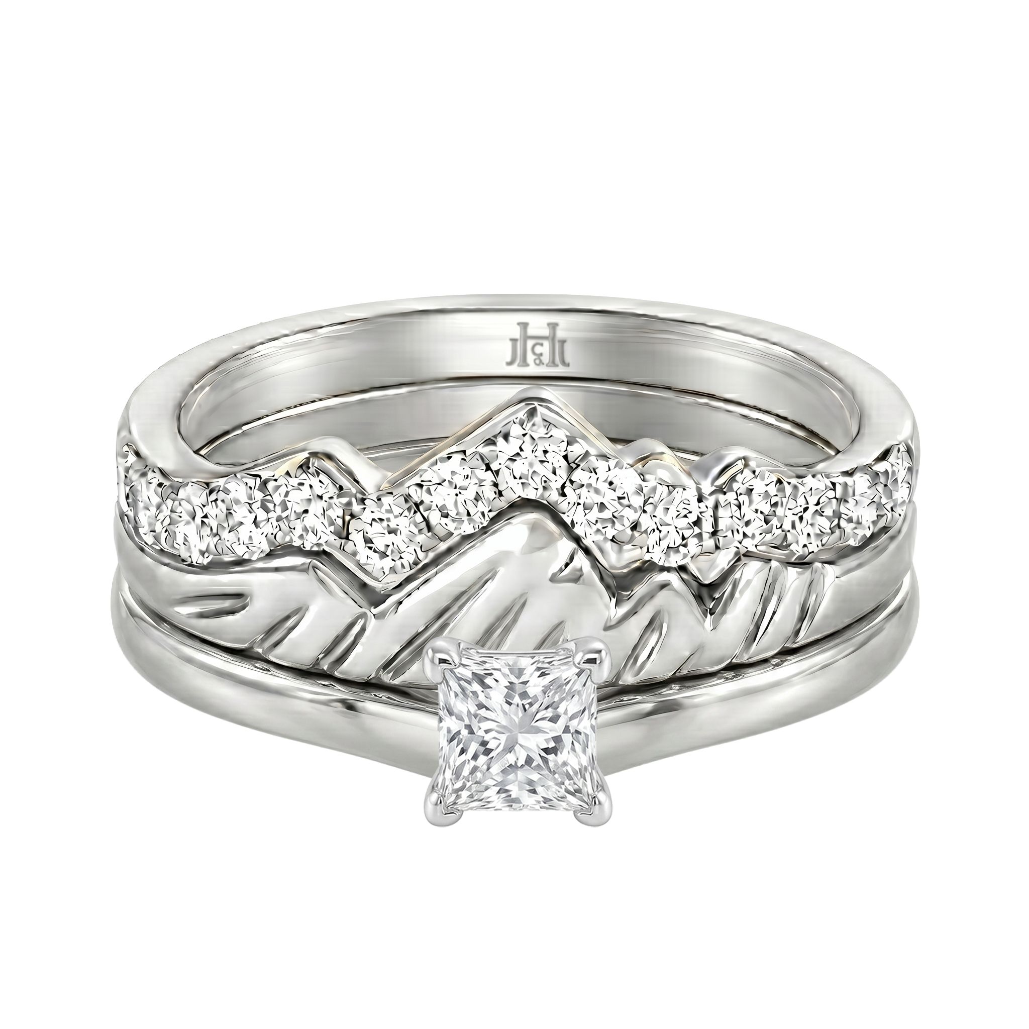Le PeTeton Princess Cut Diamond Solitaire Engagement Trio Stack Rings in 18K Gold - Jackson Hole Jewelry Company