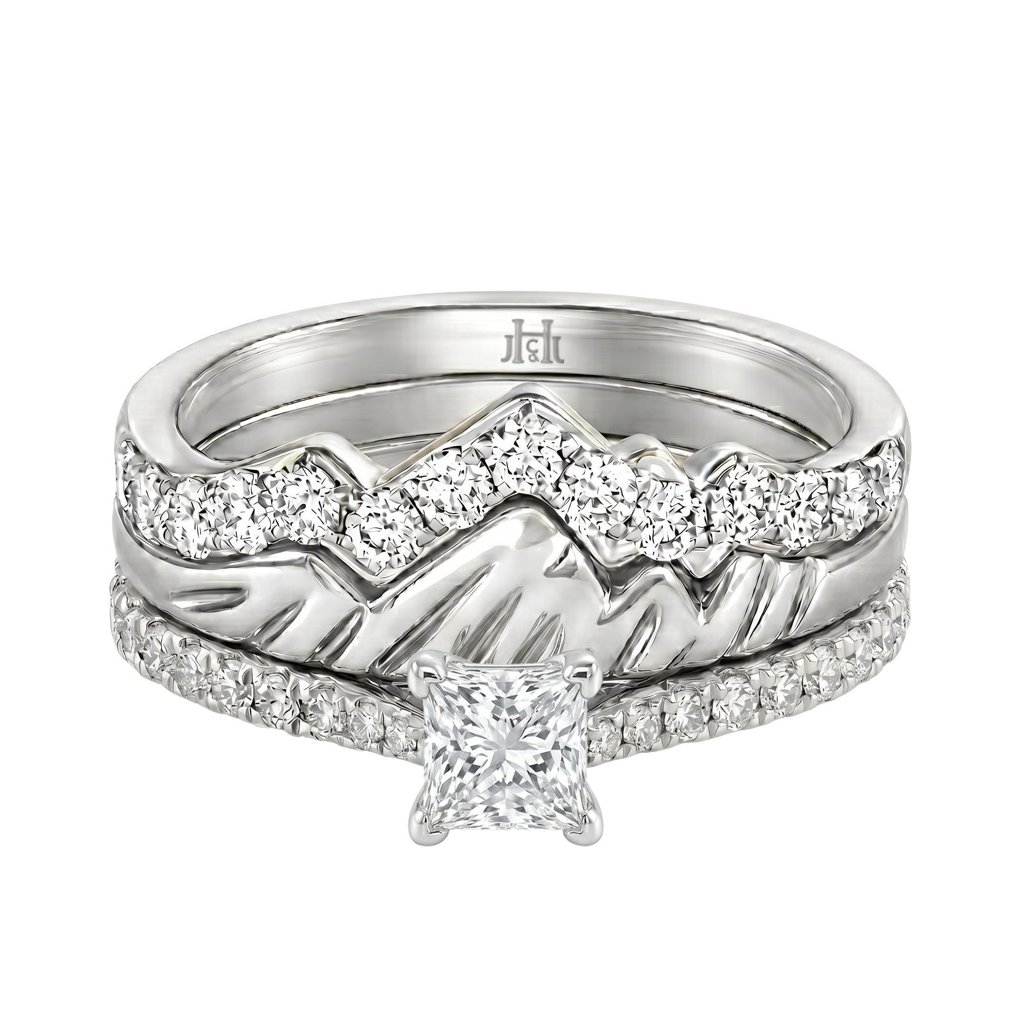 Le PeTeton Princess Cut Diamond Solitaire Engagement Trio Stack Rings with Pavé Set in 18K Gold - Jackson Hole Jewelry Company