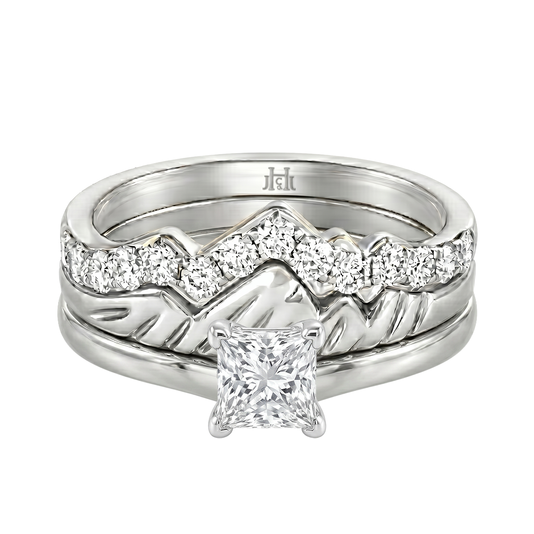 Le PeTeton Princess Cut Diamond Solitaire Engagement Trio Stack Rings in 18K Gold - Jackson Hole Jewelry Company