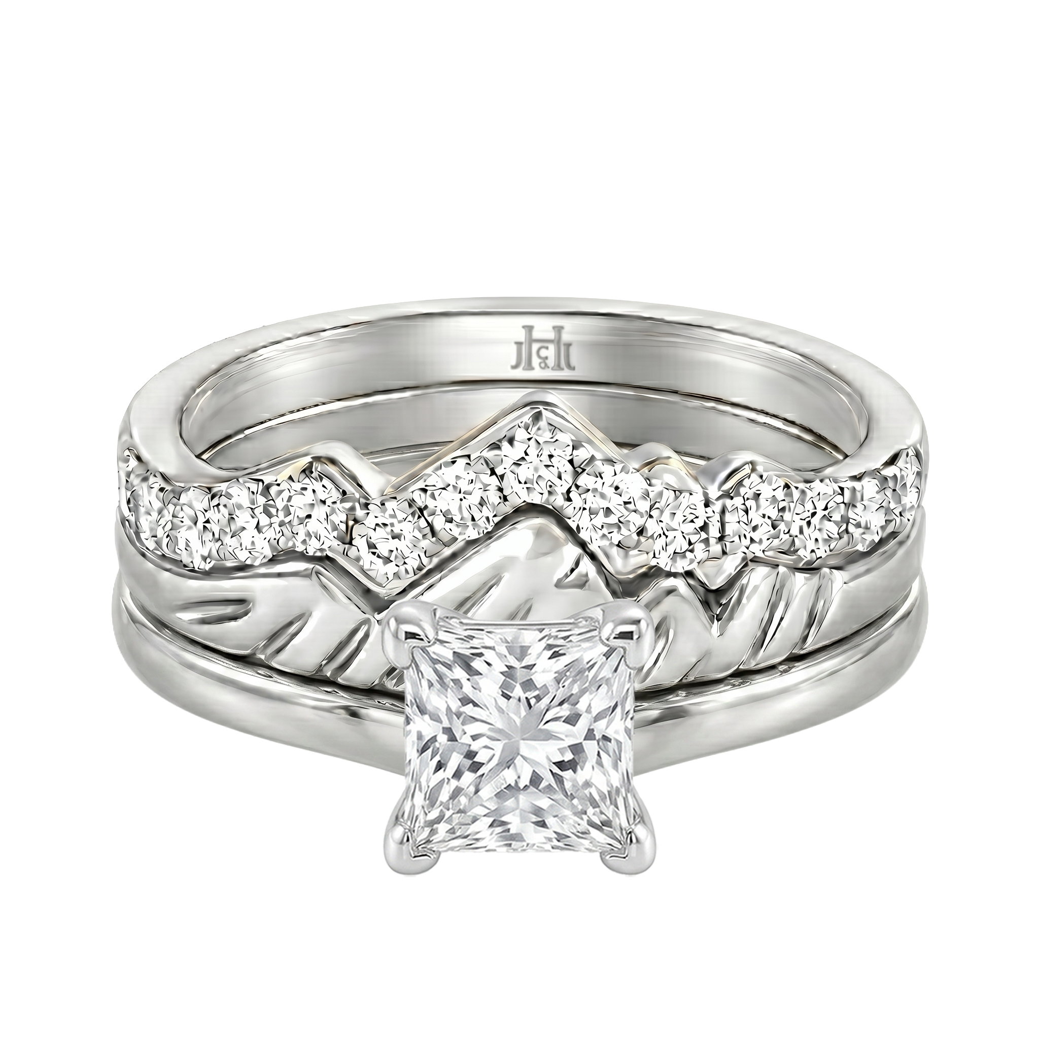 Le Grande Teton Princess Cut Diamond Solitaire Engagement Trio Stack Rings in 18K Gold - Jackson Hole Jewelry Company