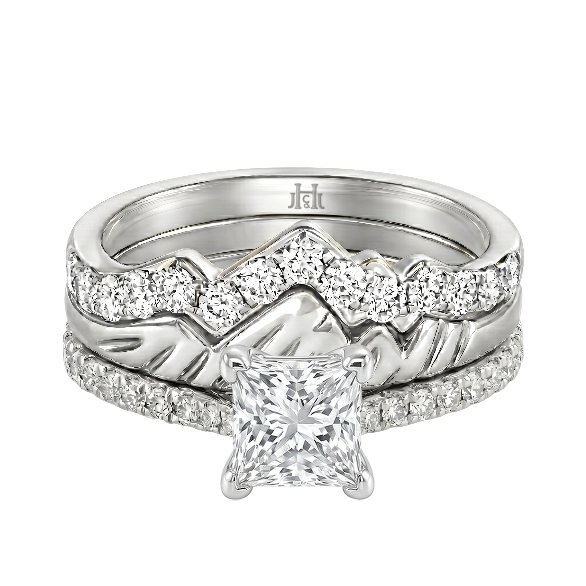 Le Grande Teton Princess Cut Diamond Solitaire Engagement Trio Stack Rings with Pavé Set in 18K Gold - Jackson Hole Jewelry Company