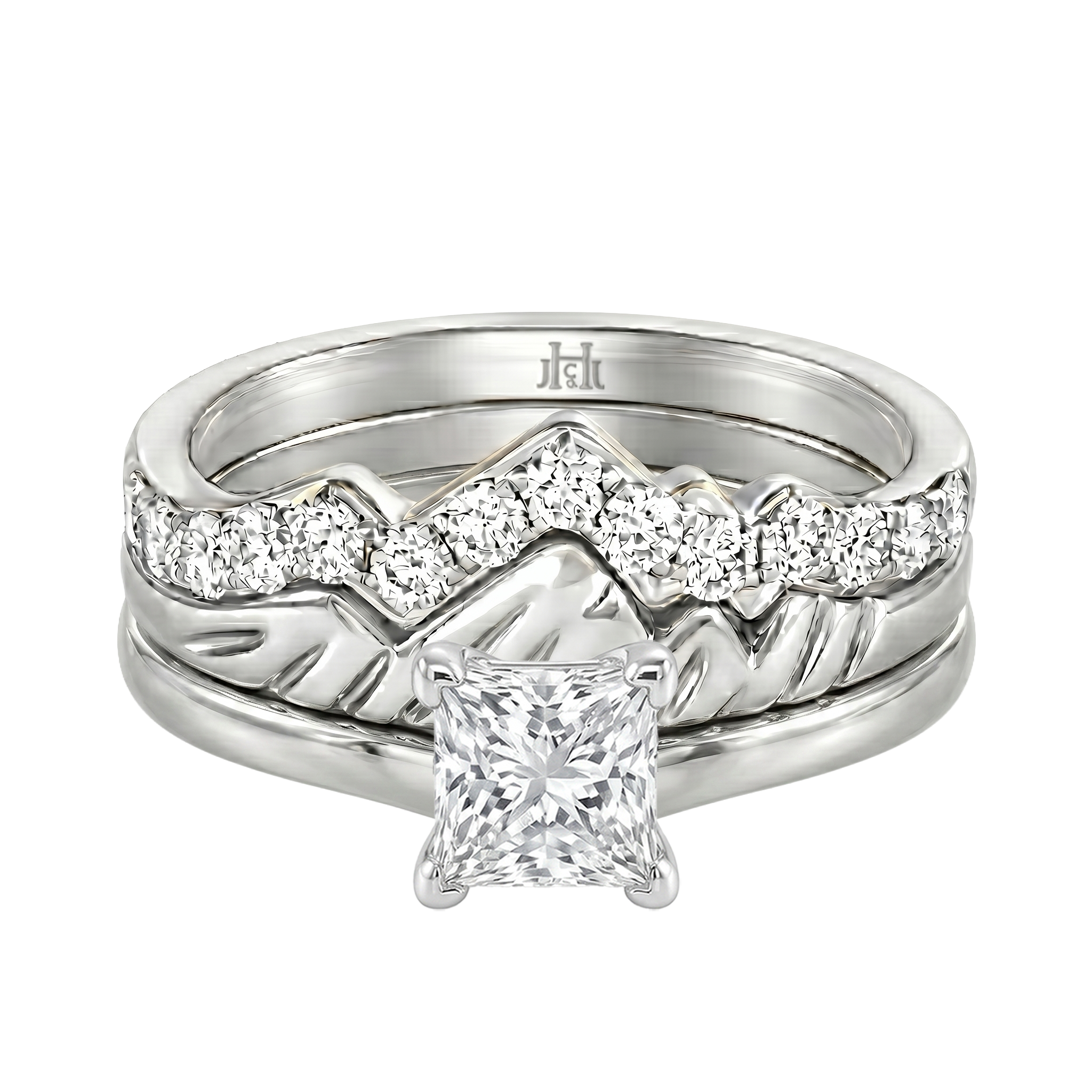 Le Grande Teton Princess Cut Diamond Solitaire Engagement Trio Stack Rings in 18K Gold - Jackson Hole Jewelry Company