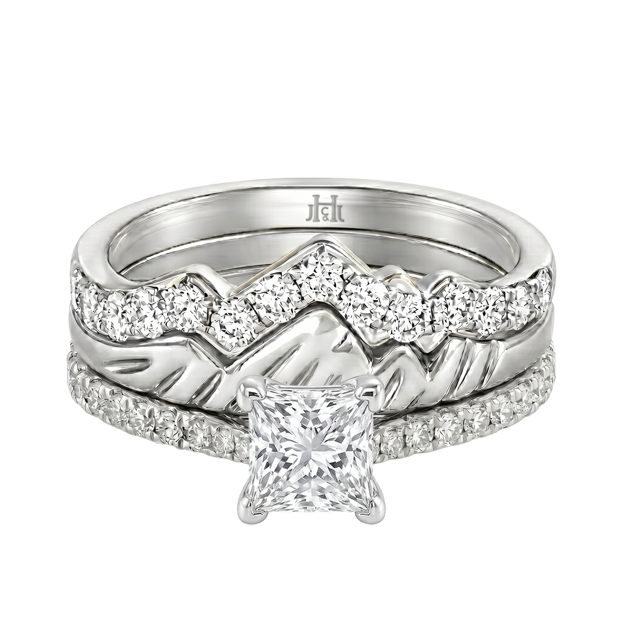 Le Grande Teton Princess Cut Diamond Solitaire Engagement Trio Stack Rings with Pavé Set in 18K Gold - Jackson Hole Jewelry Company