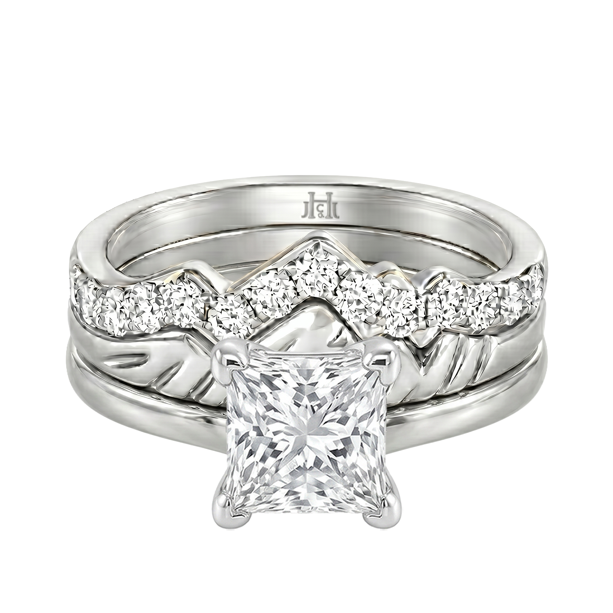 Le Grande Teton Princess Cut Diamond Solitaire Engagement Trio Stack Rings in 18K Gold - Jackson Hole Jewelry Company