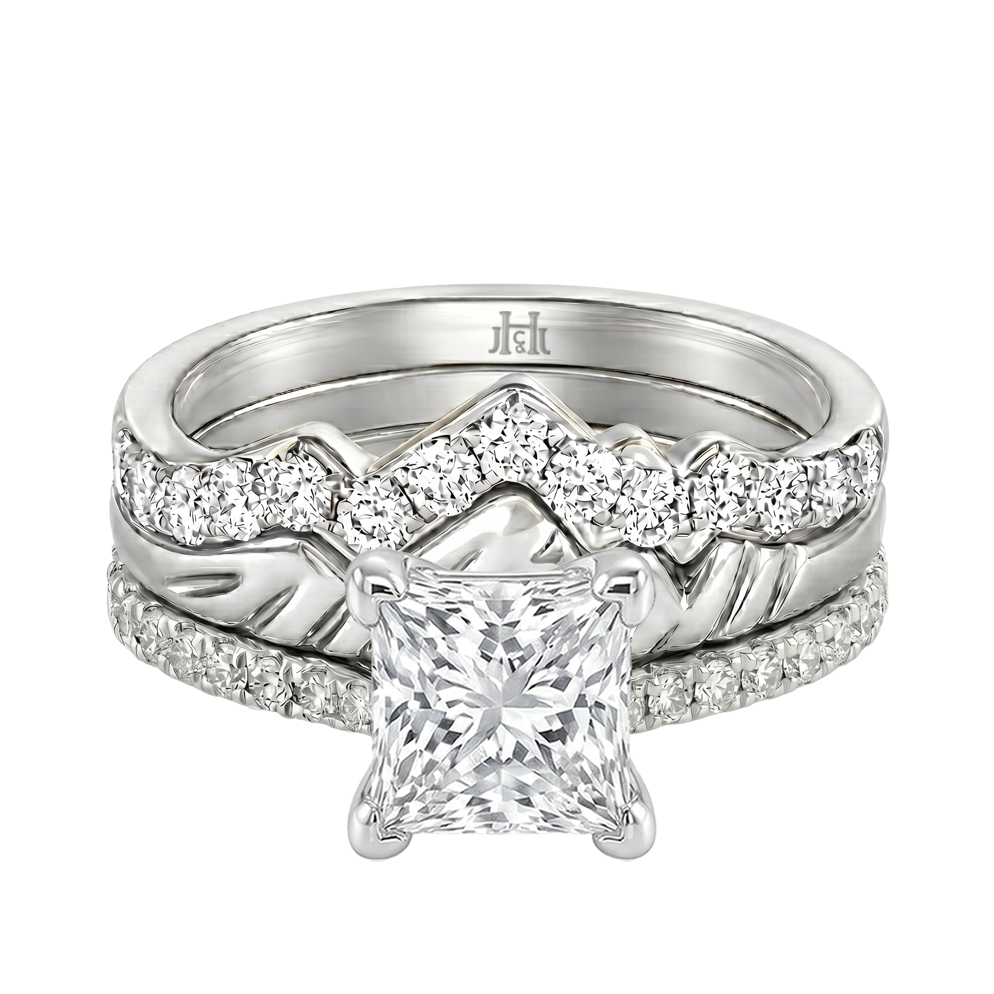 Le Grande Teton Princess Cut Diamond Solitaire Engagement Trio Stack Rings with Pavé Set in 18K Gold - Jackson Hole Jewelry Company
