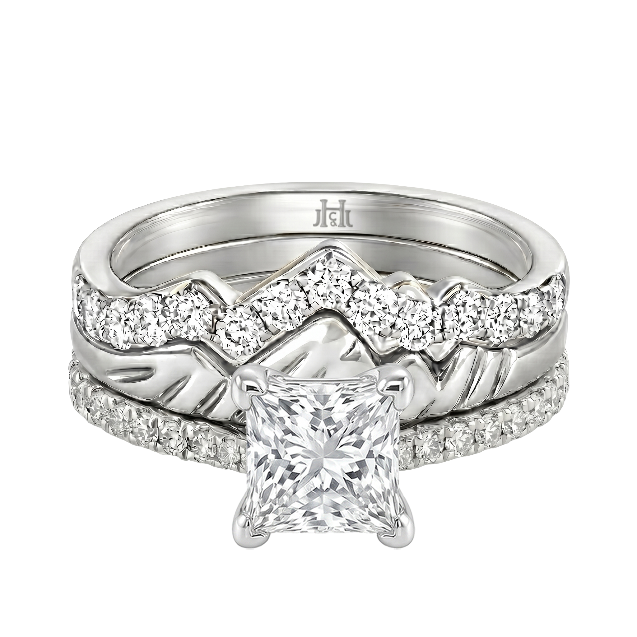 Le Grande Teton Princess Cut Diamond Solitaire Engagement Trio Stack Rings with Pavé Set in 18K Gold - Jackson Hole Jewelry Company