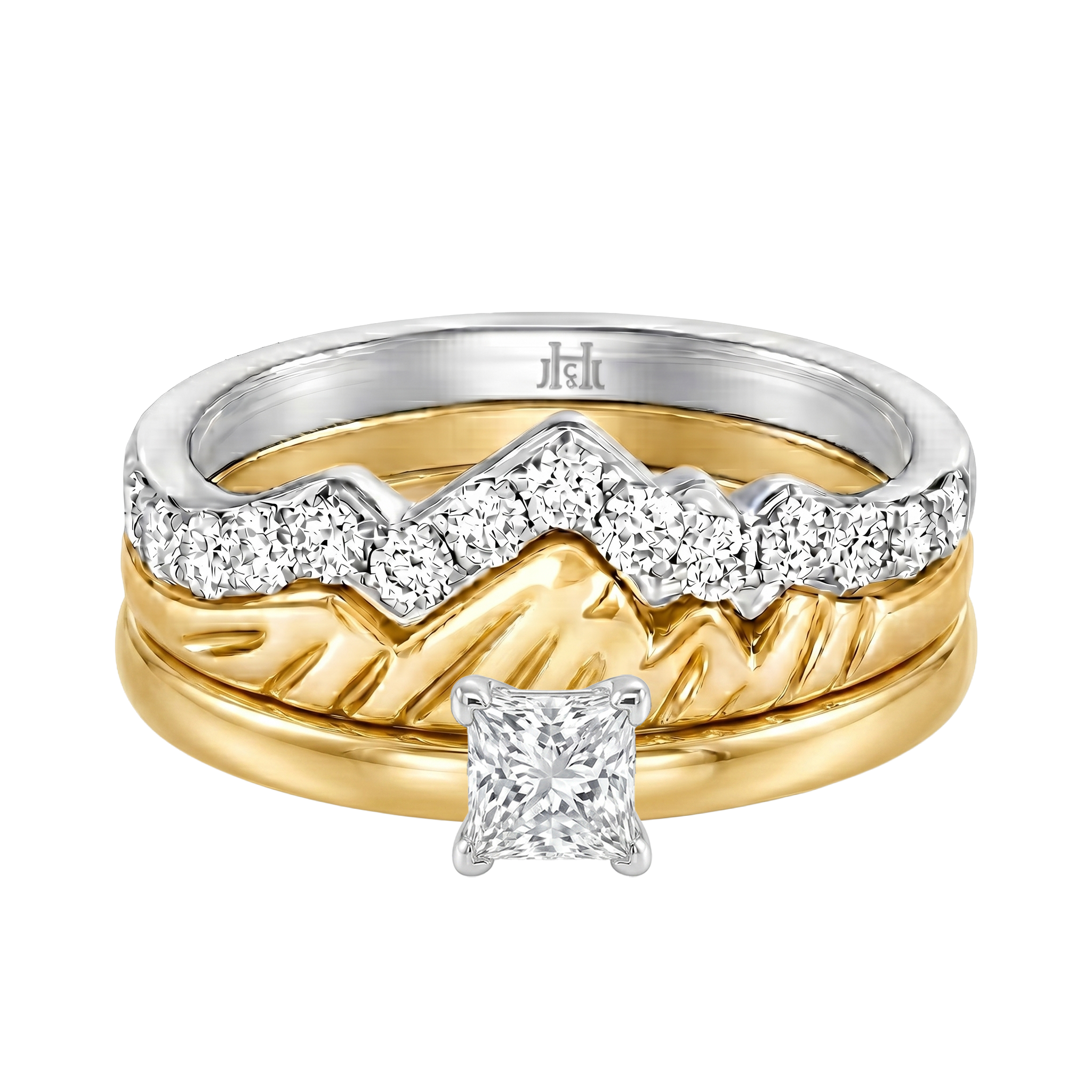 Le PeTeton Princess Cut Diamond Solitaire Engagement Trio Stack Rings in 18K Gold - Jackson Hole Jewelry Company