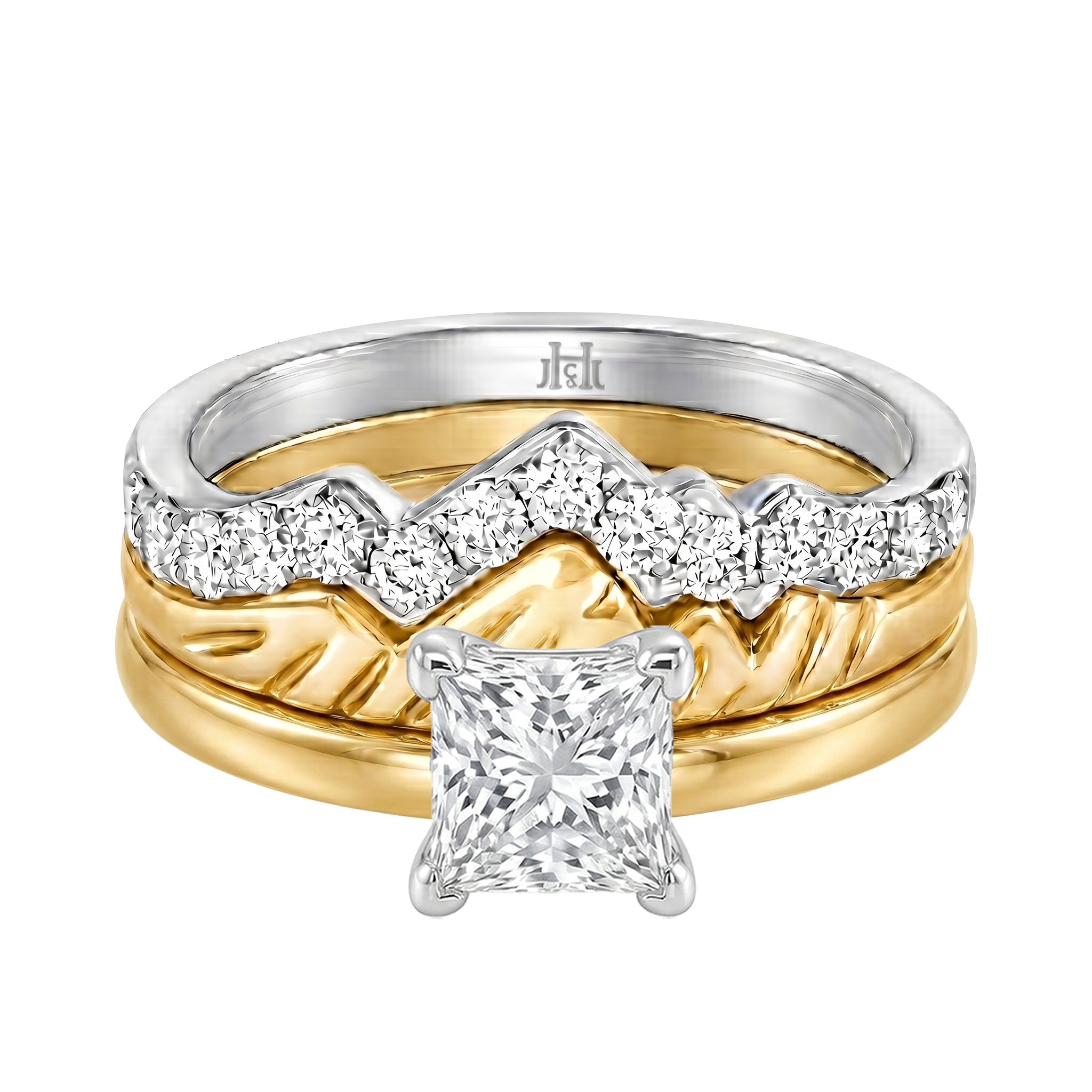 Le Grande Teton Princess Cut Diamond Solitaire Engagement Trio Stack Rings in 18K Gold - Jackson Hole Jewelry Company