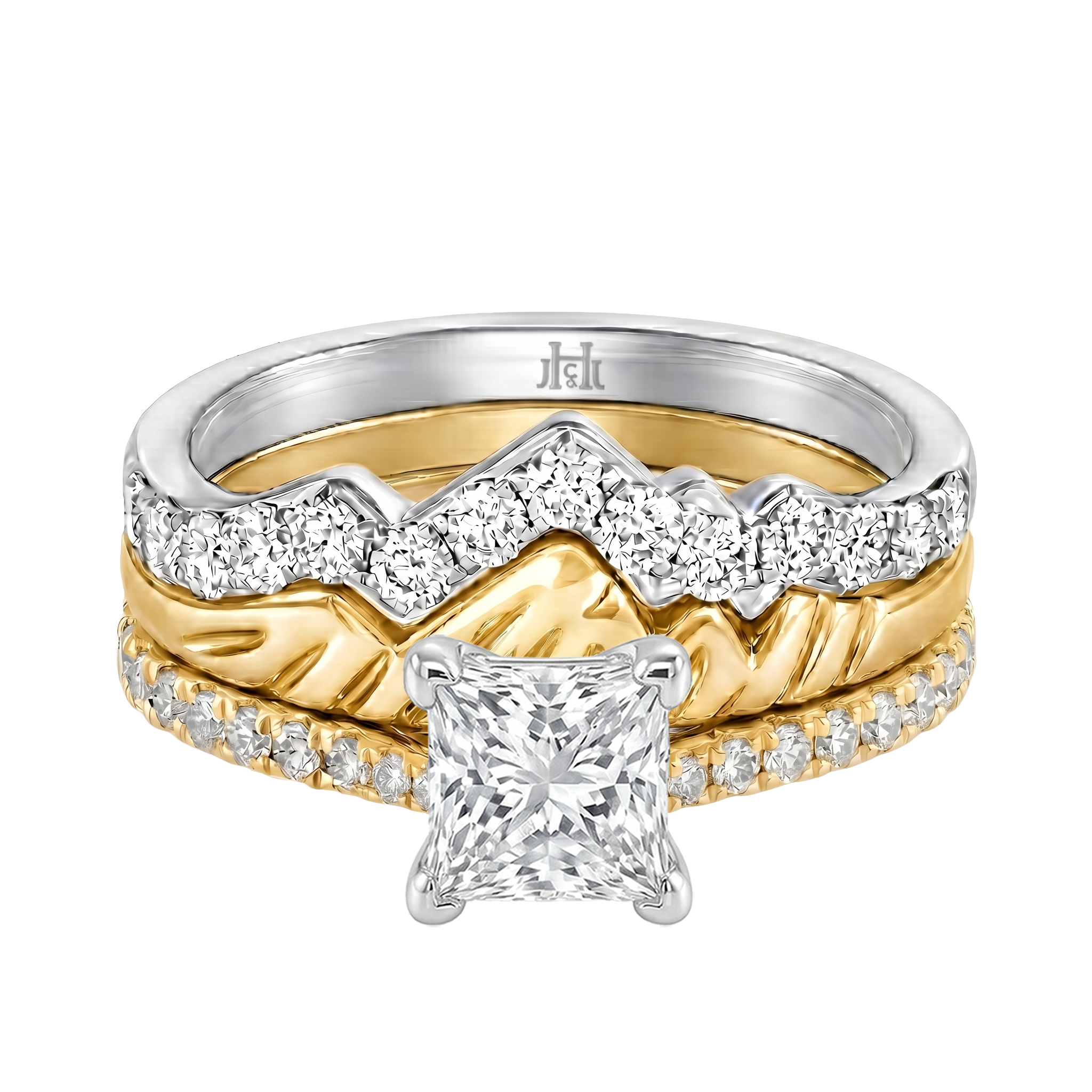Le Grande Teton Princess Cut Diamond Solitaire Engagement Trio Stack Rings with Pavé Set in 18K Gold - Jackson Hole Jewelry Company